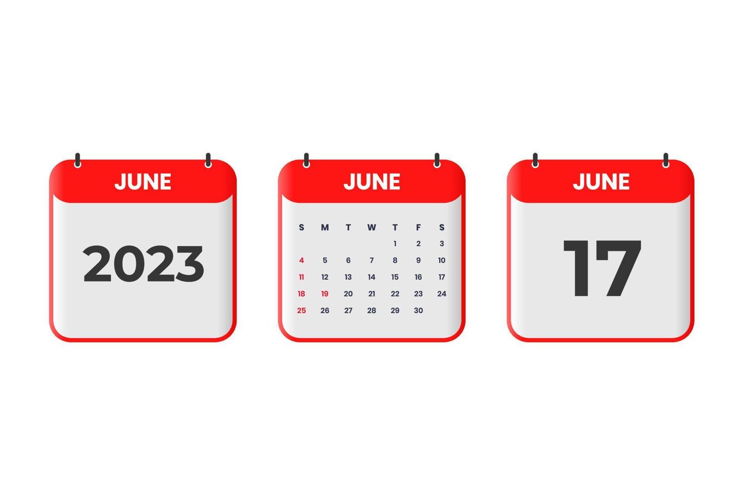 Diseño de calendario de junio de 2023. 17 de junio de 2023 icono de calendario para horario, cita, concepto de fecha importante vector