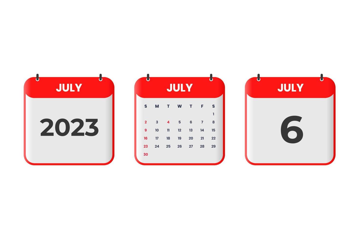 Diseño de calendario de julio de 2023. 6 de julio de 2023 icono de calendario para horario, cita, concepto de fecha importante vector