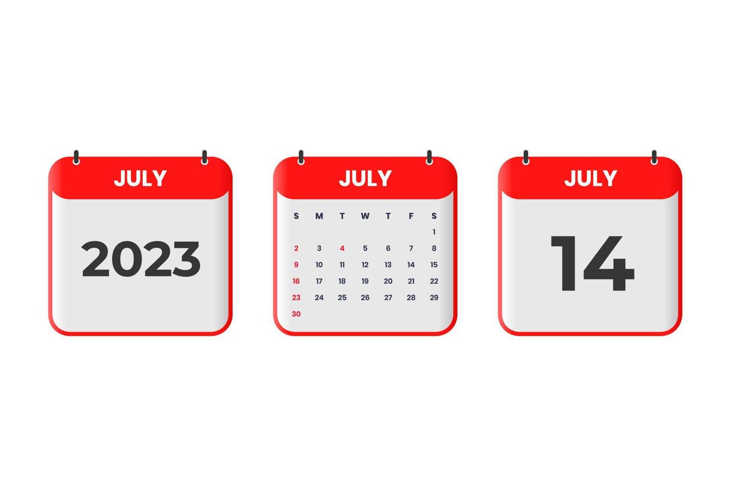 Diseño de calendario de julio de 2023. 14 de julio de 2023 icono de calendario para horario, cita, concepto de fecha importante vector