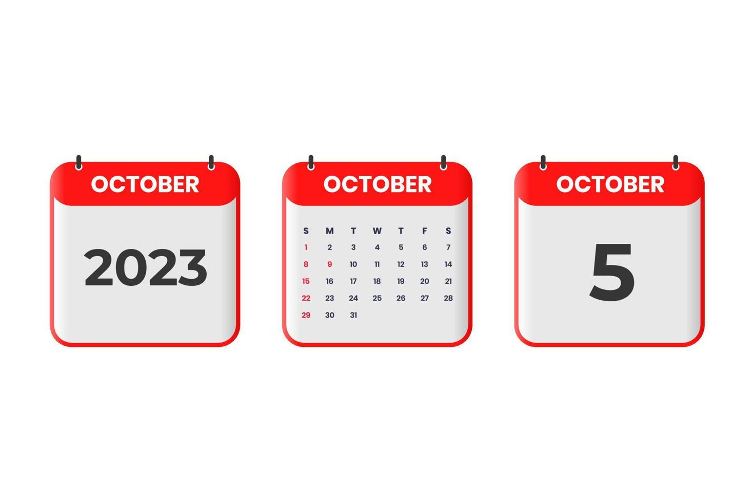 October 2023 calendar design. 5th October 2023 calendar icon for