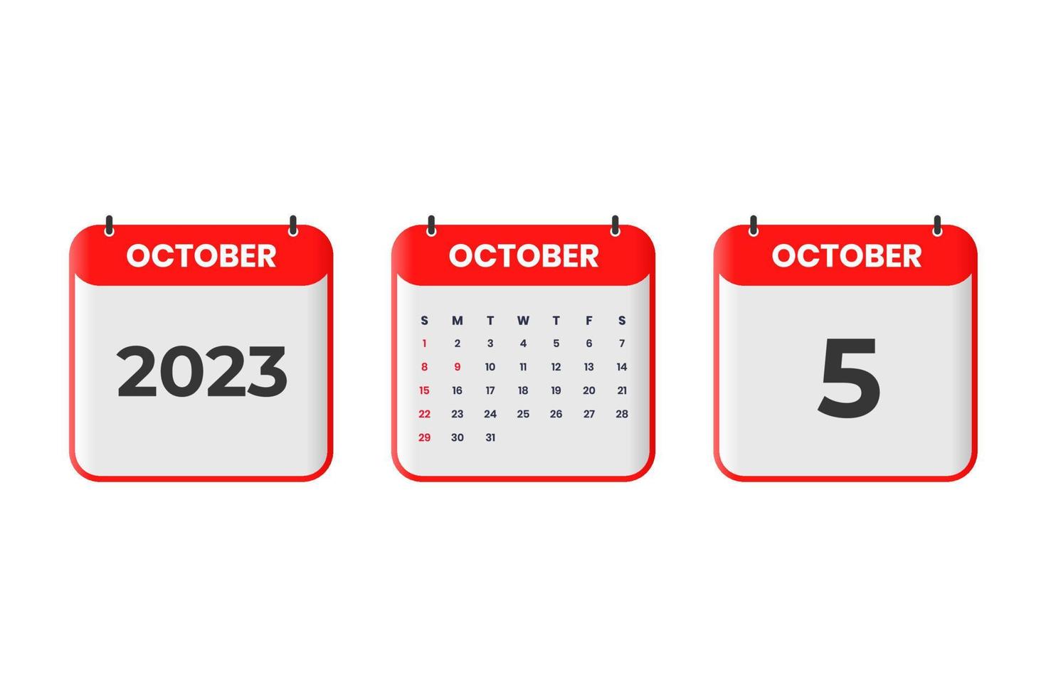 October 2023 calendar design. 5th October 2023 calendar icon for schedule, appointment, important date concept vector