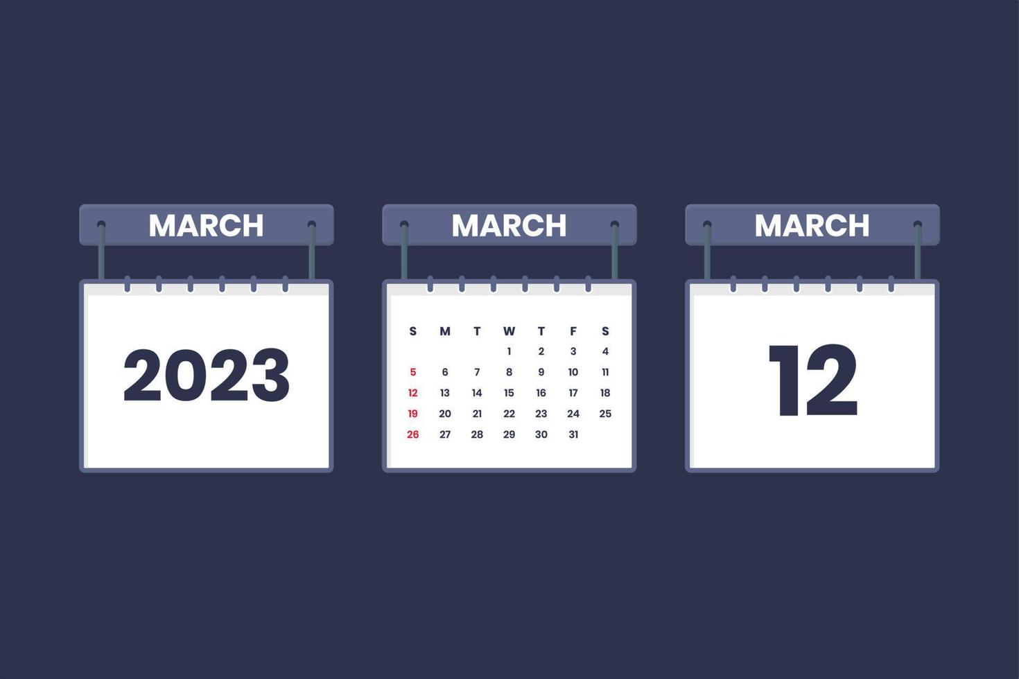 12 March 2023 calendar icon for schedule, appointment, important date concept vector