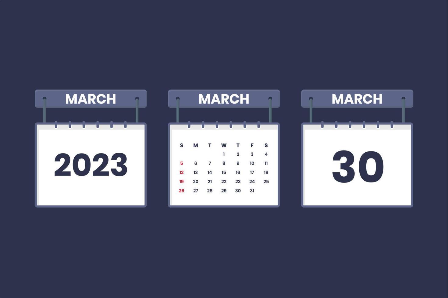 30 March 2023 calendar icon for schedule, appointment, important date concept vector