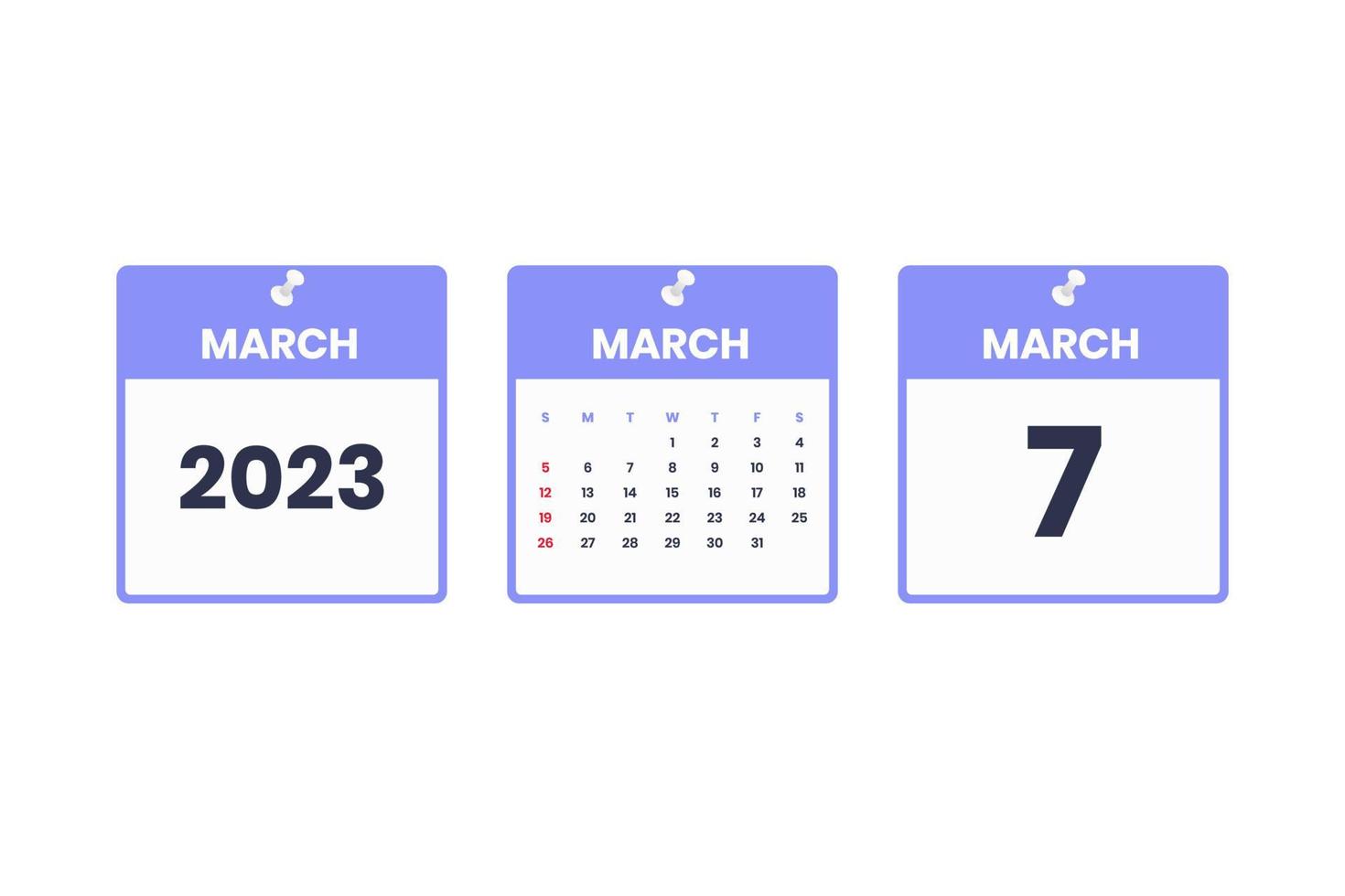 March calendar design. March 7 2023 calendar icon for schedule, appointment, important date concept vector
