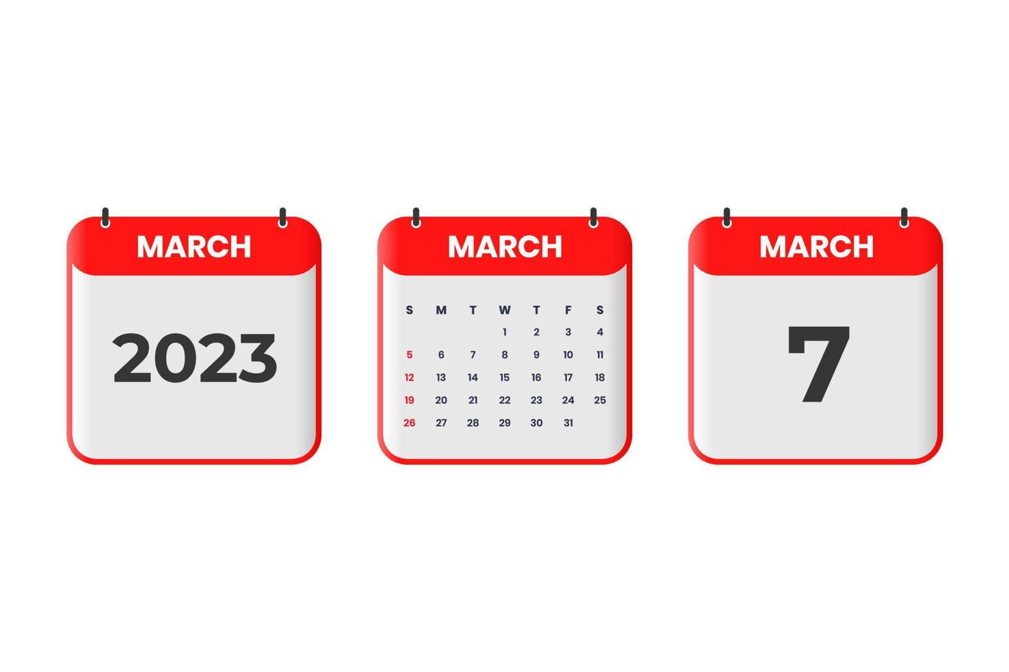 diseño de calendario de marzo de 2023. 7 de marzo de 2023 icono de calendario para horario, cita, concepto de fecha importante vector