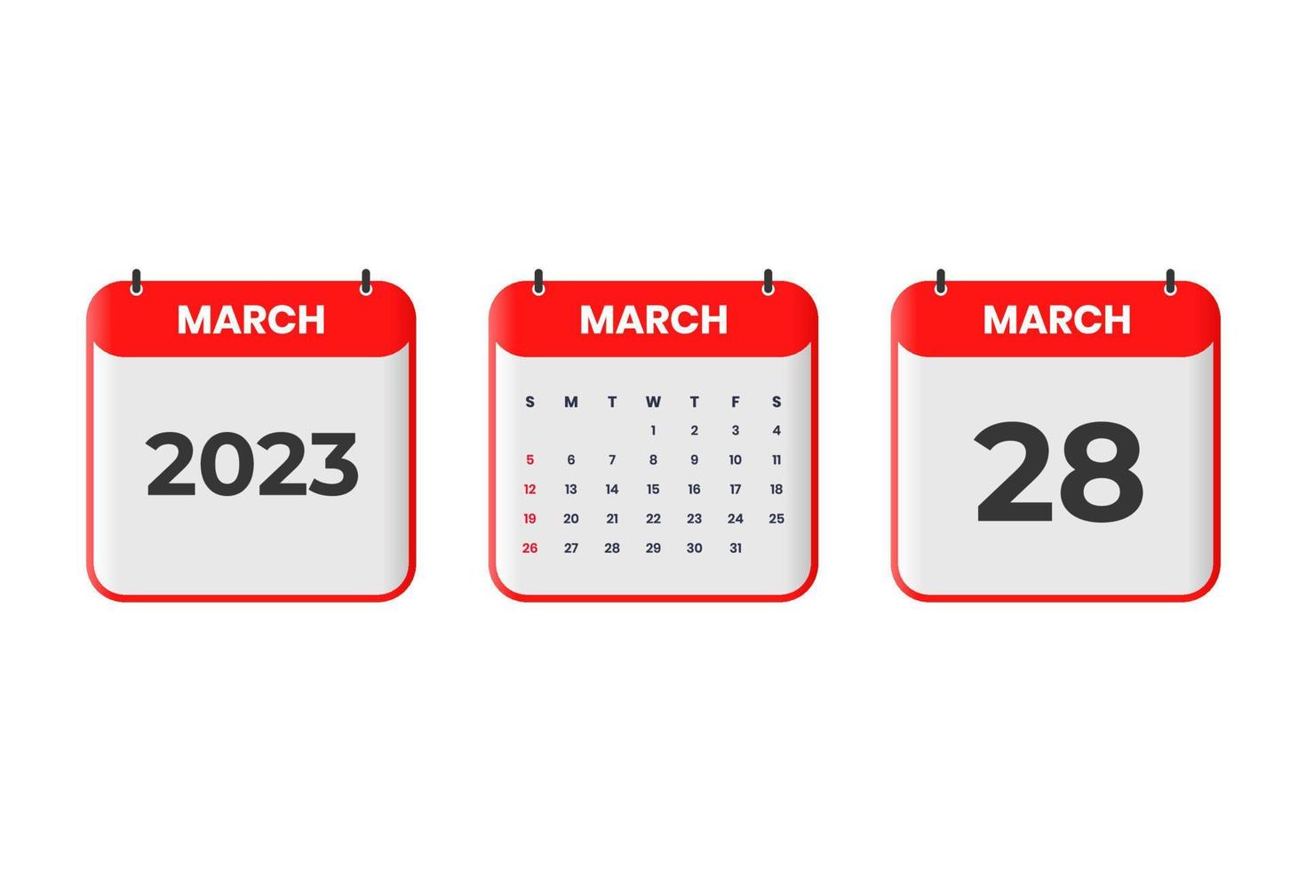 March 2023 calendar design. 28th March 2023 calendar icon for schedule, appointment, important date concept vector