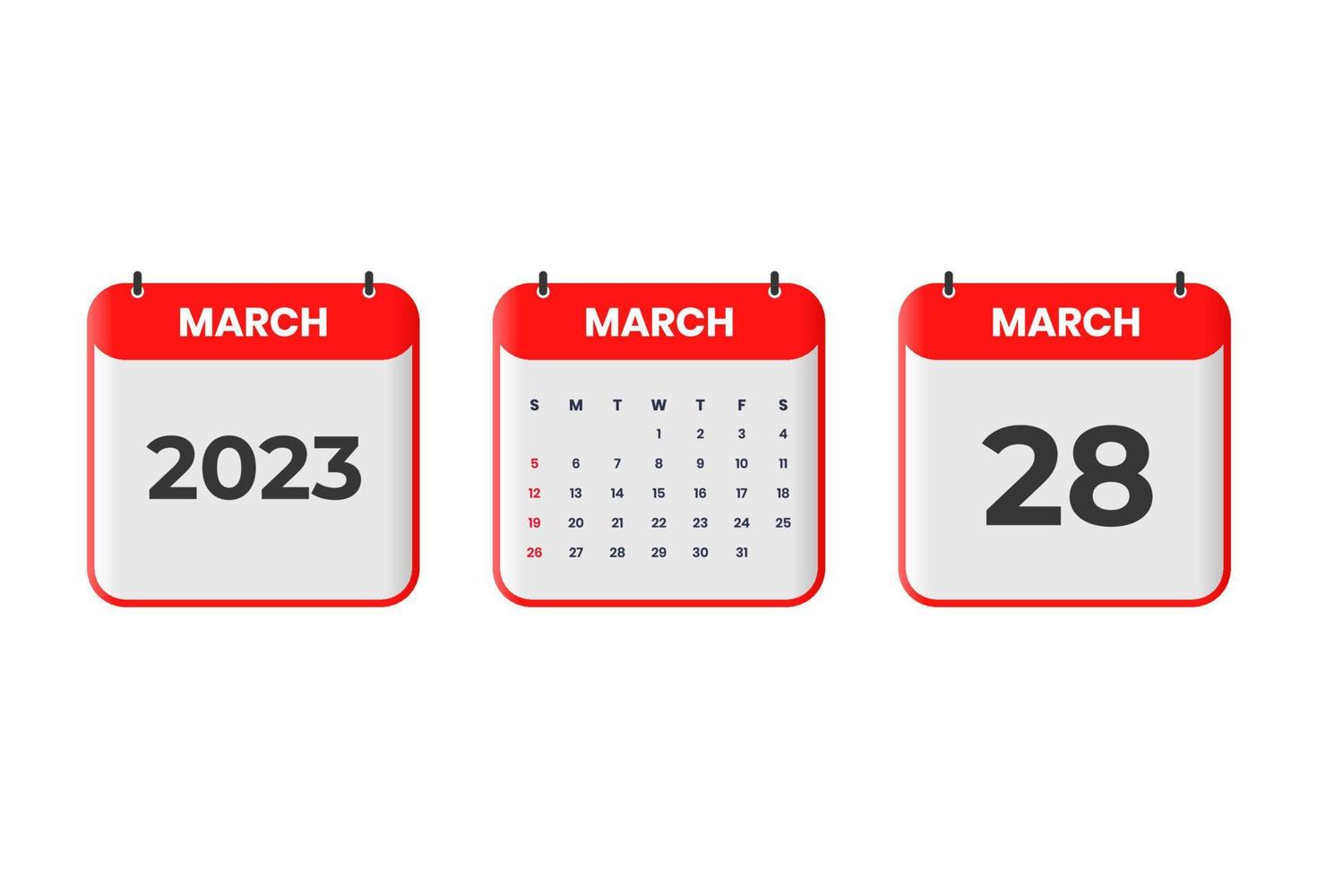 diseño de calendario de marzo de 2023. 28 de marzo de 2023 icono de calendario para horario, cita, concepto de fecha importante vector