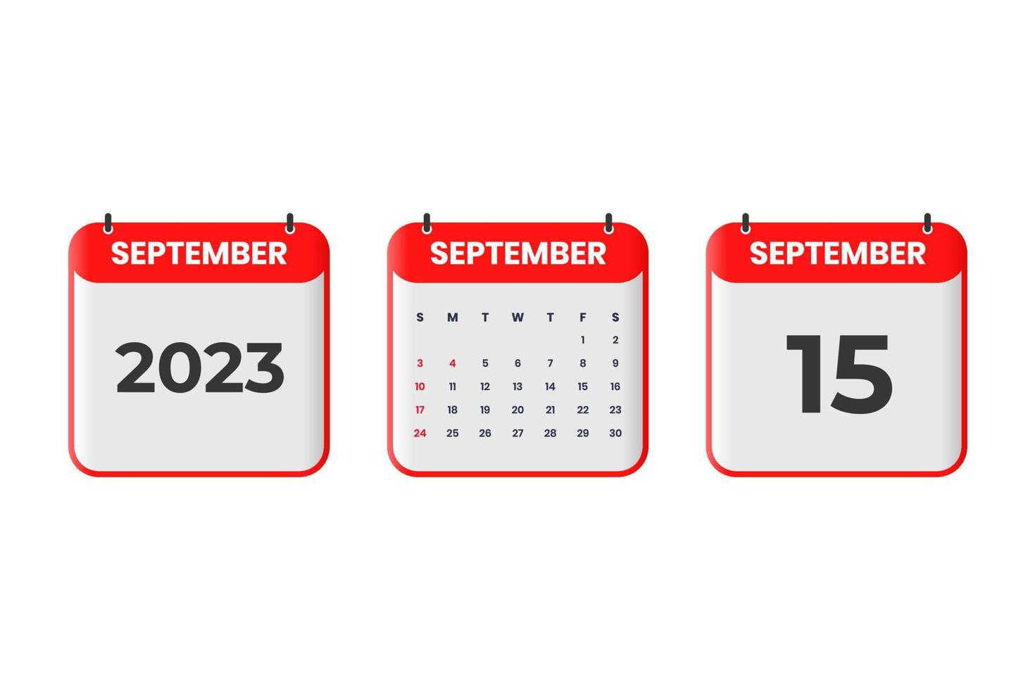 September 2023 calendar design. 15th September 2023 calendar icon for schedule, appointment, important date concept vector