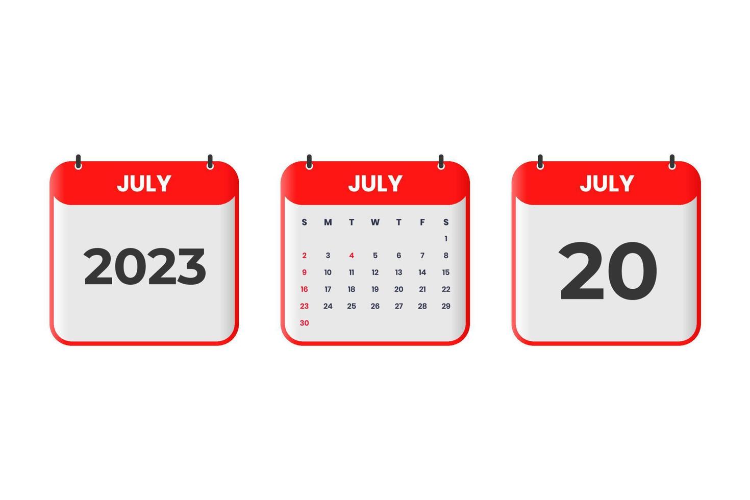 July 2023 calendar design. 20th July 2023 calendar icon for schedule, appointment, important date concept vector