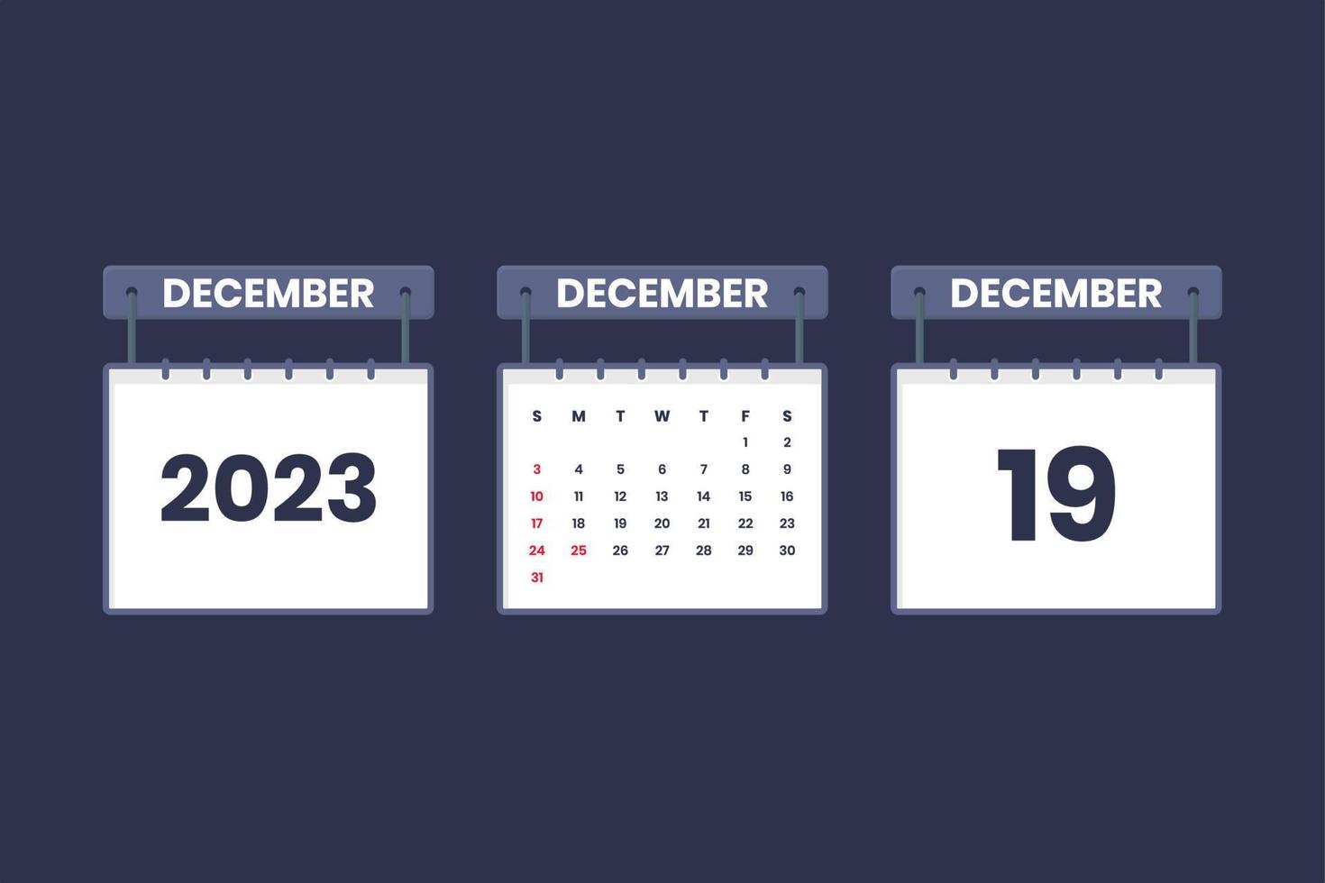 19 December 2023 calendar icon for schedule, appointment, important date concept vector