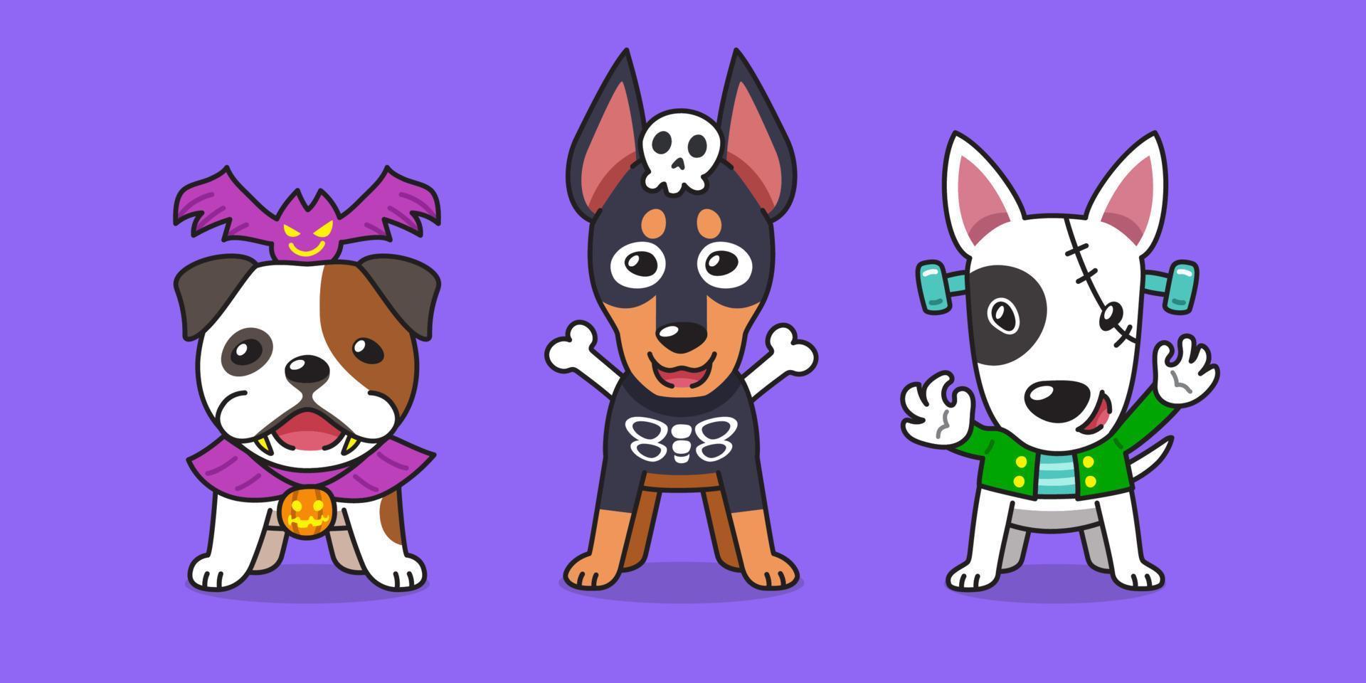 perros felices de dibujos animados con disfraces de halloween para el diseño. vector