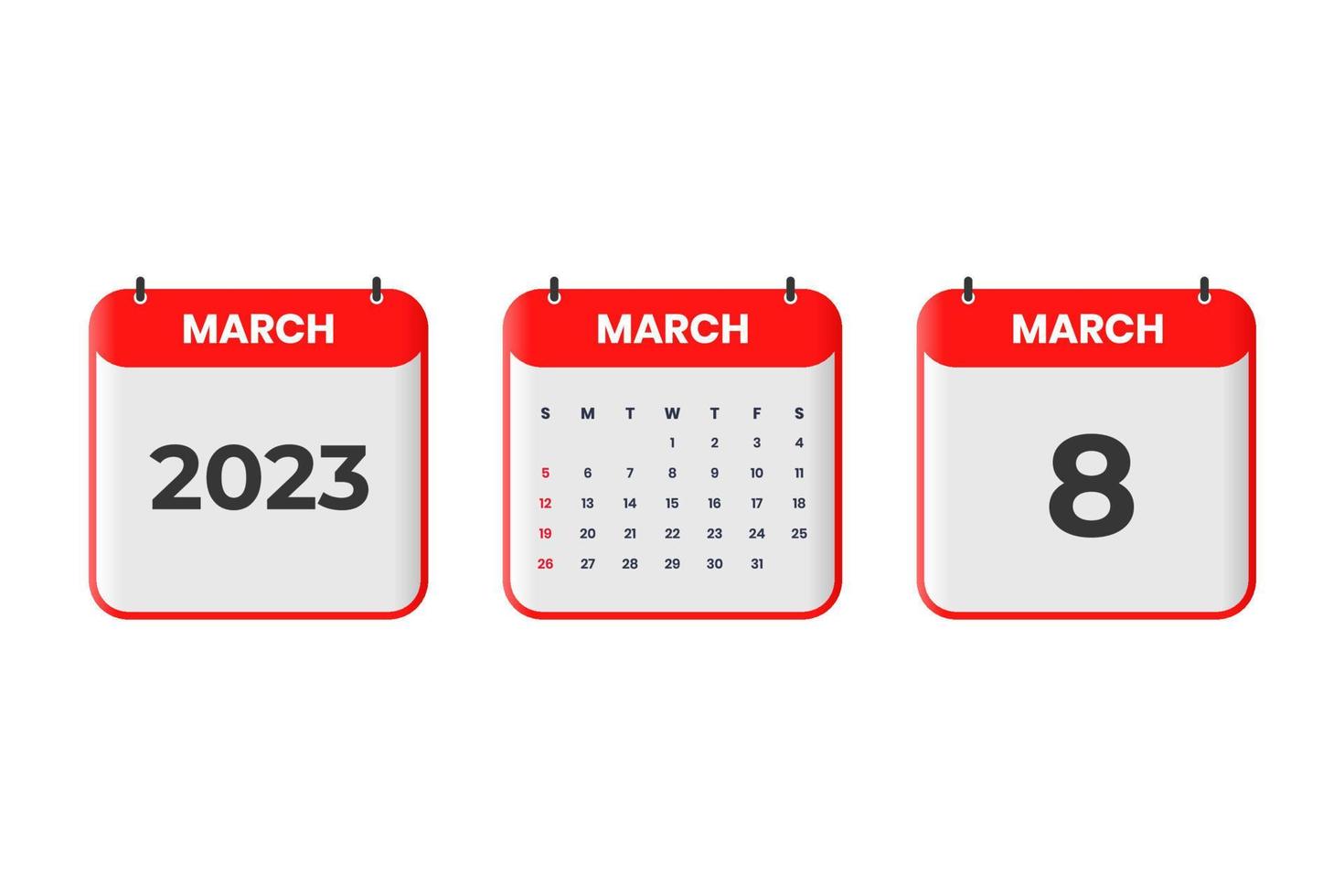 diseño de calendario de marzo de 2023. 8 de marzo de 2023 icono de calendario para horario, cita, concepto de fecha importante vector