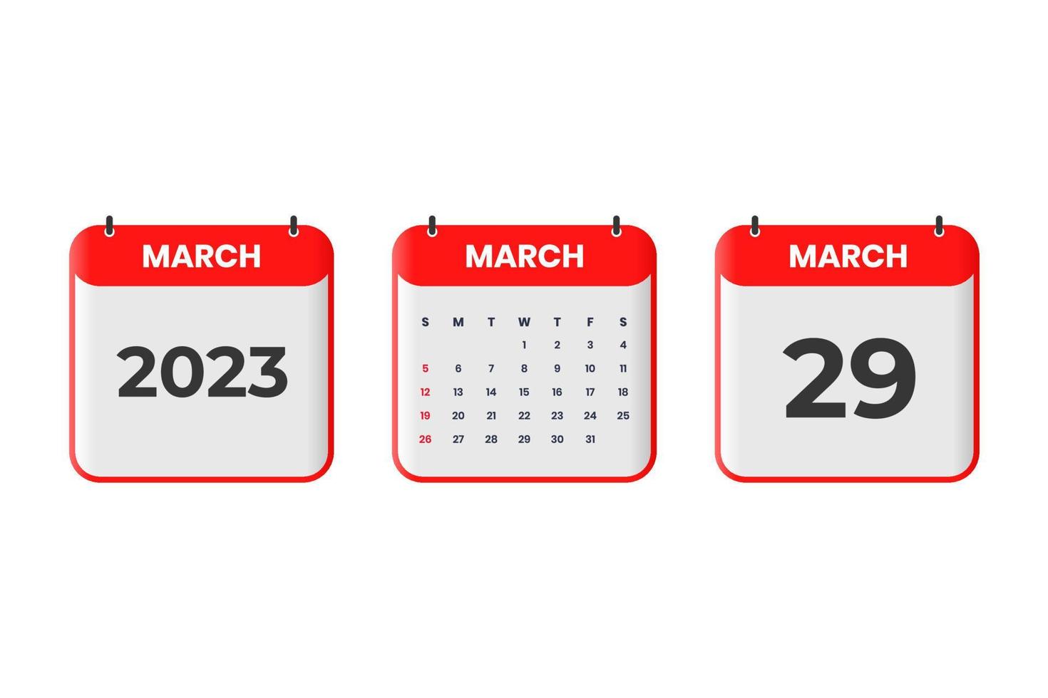 March 2023 calendar design. 29th March 2023 calendar icon for schedule, appointment, important date concept vector