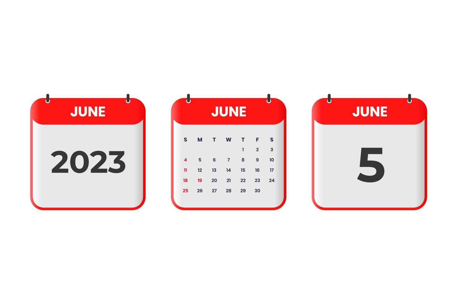 Diseño de calendario de junio de 2023. 5 de junio de 2023 icono de calendario para horario, cita, concepto de fecha importante vector