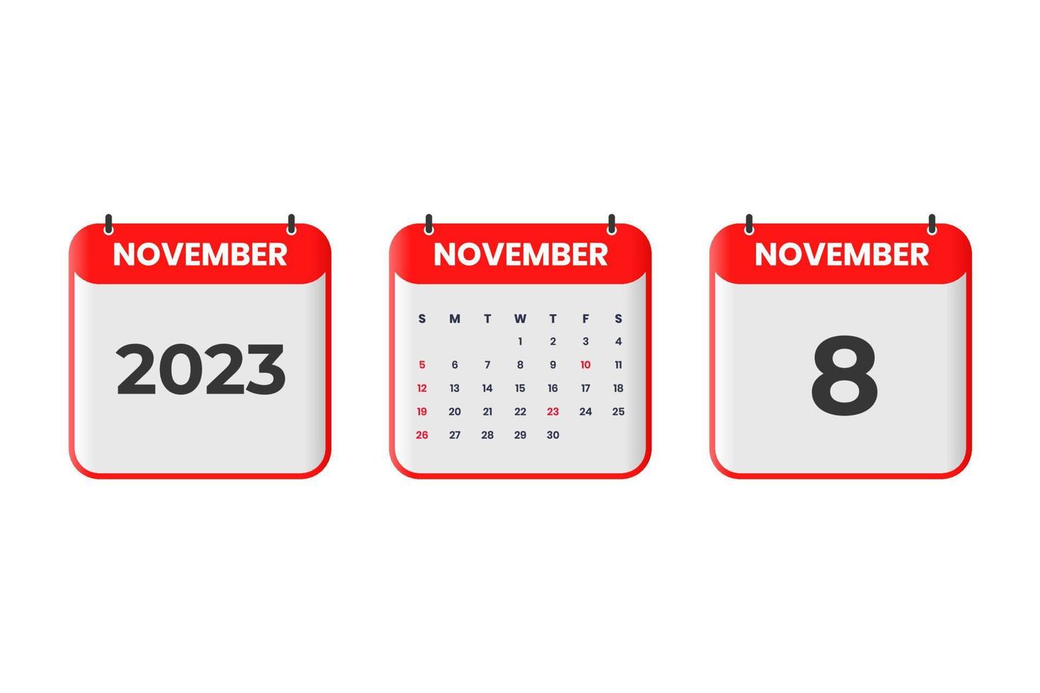 November 2023 calendar design. 8th November 2023 calendar icon for schedule, appointment, important date concept vector