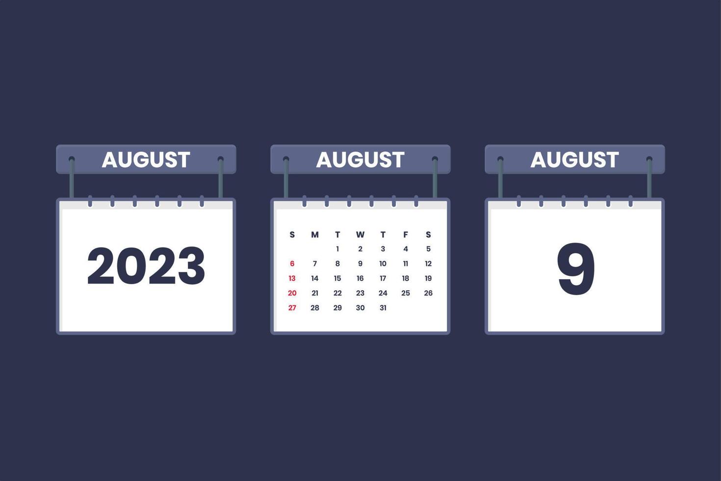 9 de agosto de 2023 icono de calendario para horario, cita, concepto de fecha importante vector