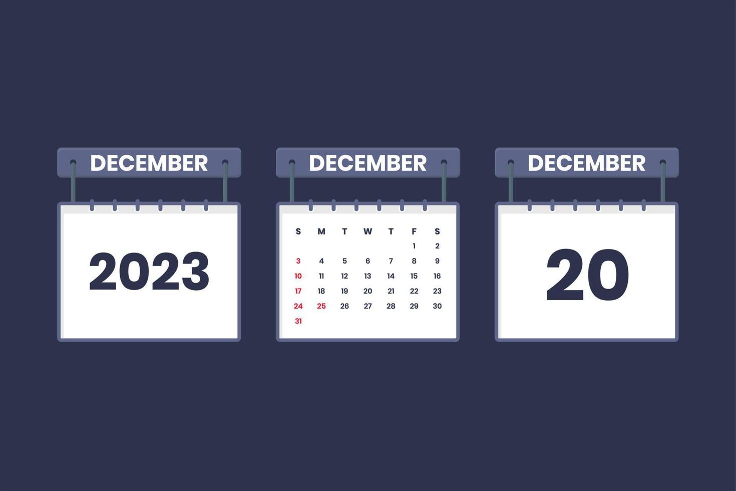 20 December 2023 calendar icon for schedule, appointment, important date concept vector
