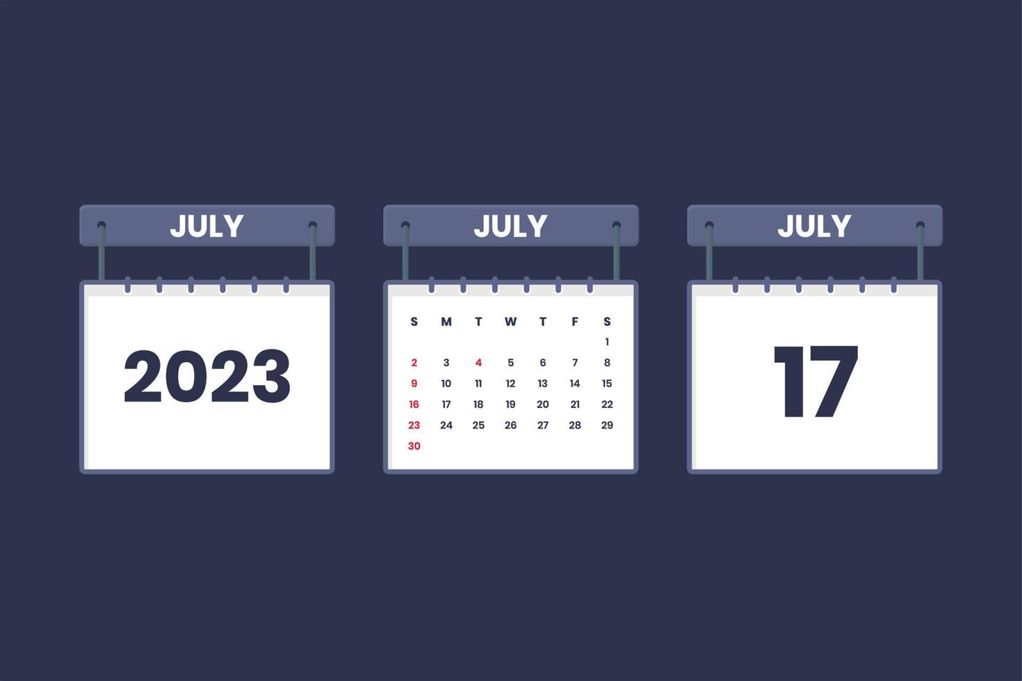 17 July 2023 calendar icon for schedule, appointment, important date concept vector