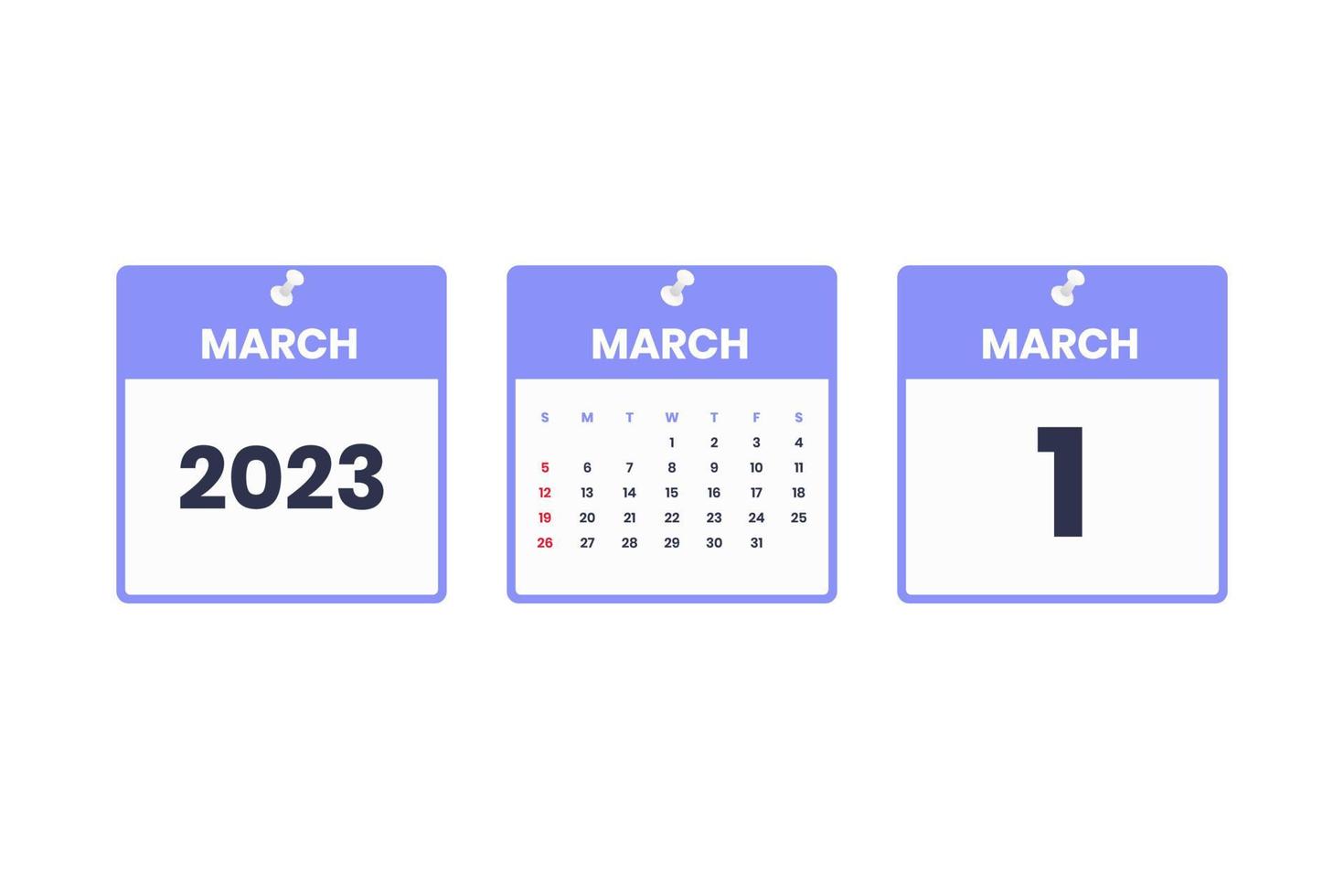 March calendar design. March 1 2023 calendar icon for schedule, appointment, important date concept vector