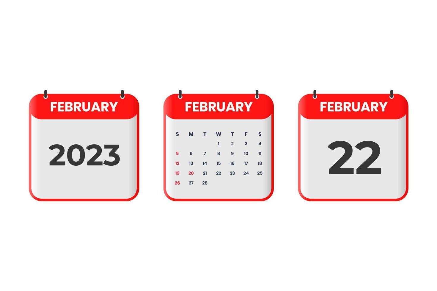 diseño de calendario de febrero de 2023. 22 de febrero de 2023 icono de calendario para horario, cita, concepto de fecha importante vector