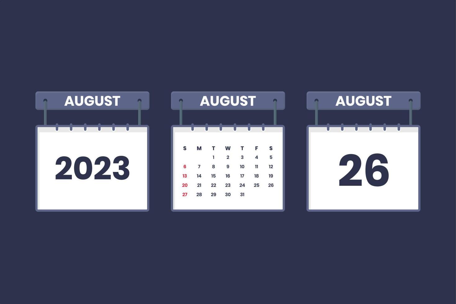 26 de agosto de 2023 icono de calendario para horario, cita, concepto de fecha importante vector