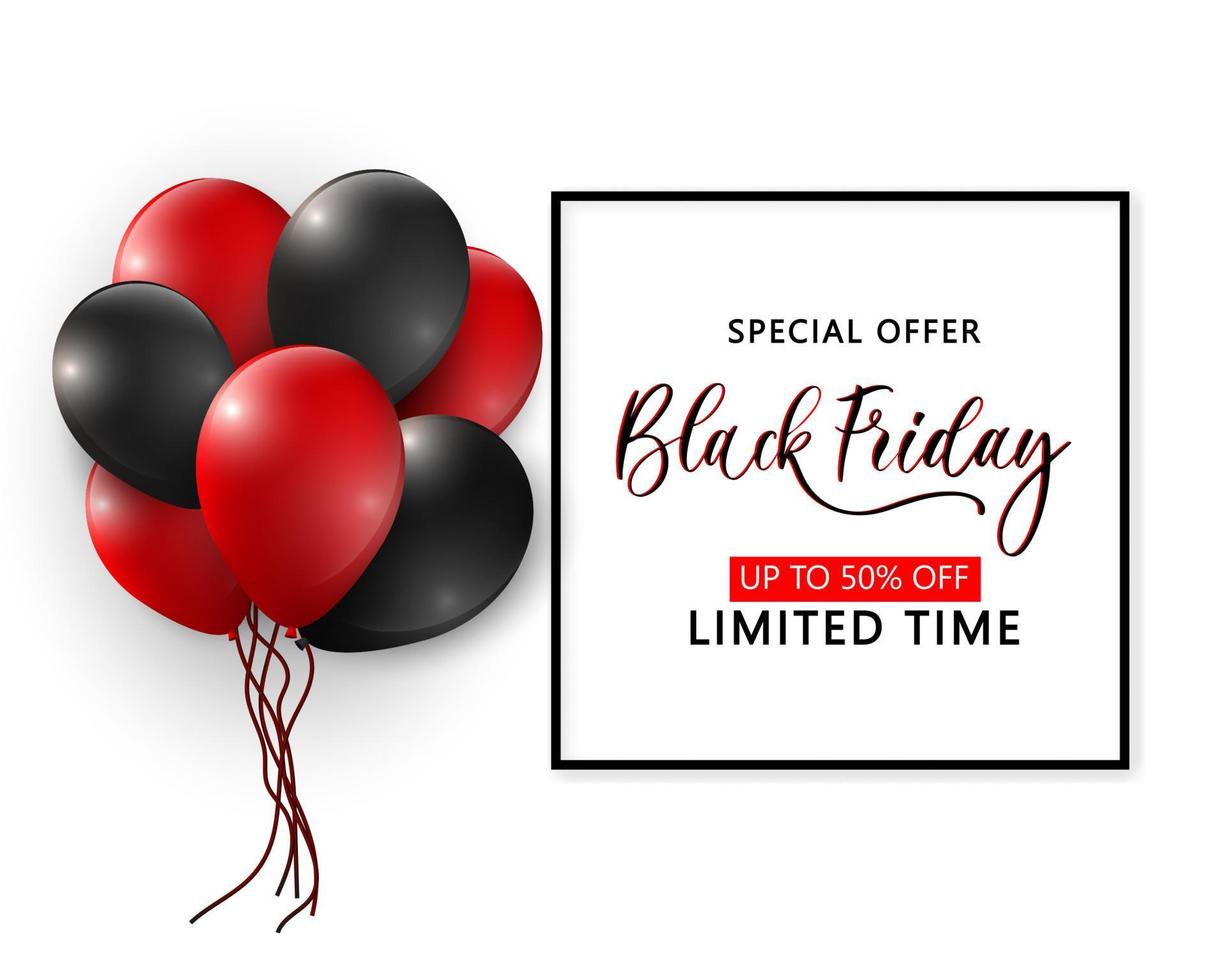 Black Friday sale typographic design. 3d stylized red color letters with glossy balloons. White background. vector