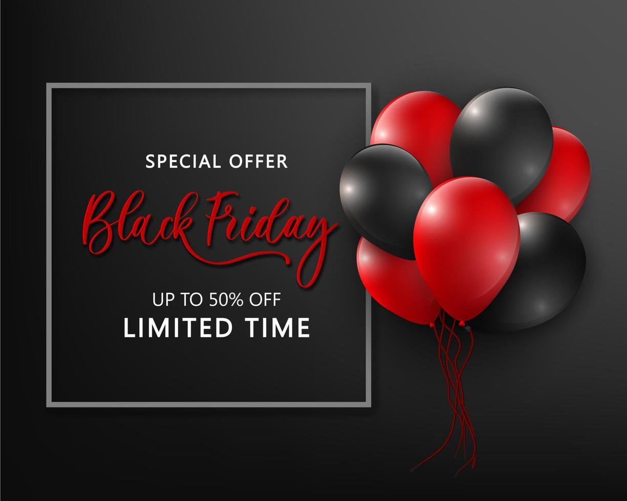 Black Friday sale typographic design. 3d stylized red color letters with glossy balloons. White background. Vector illustration.