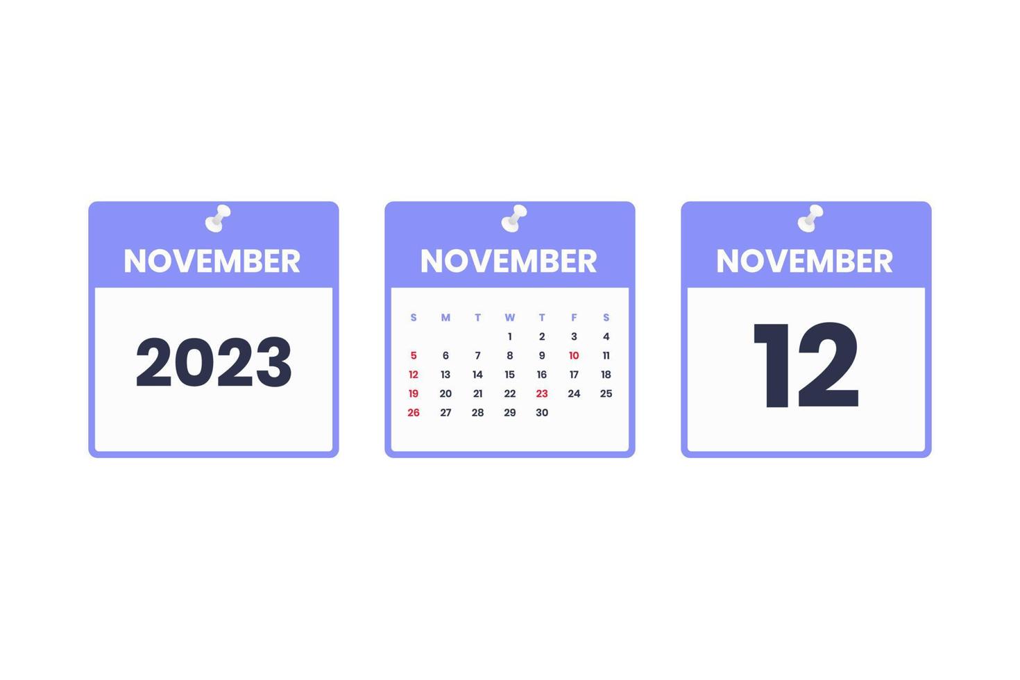 diseño de calendario de noviembre. 12 de noviembre de 2023 icono de calendario para horario, cita, concepto de fecha importante vector