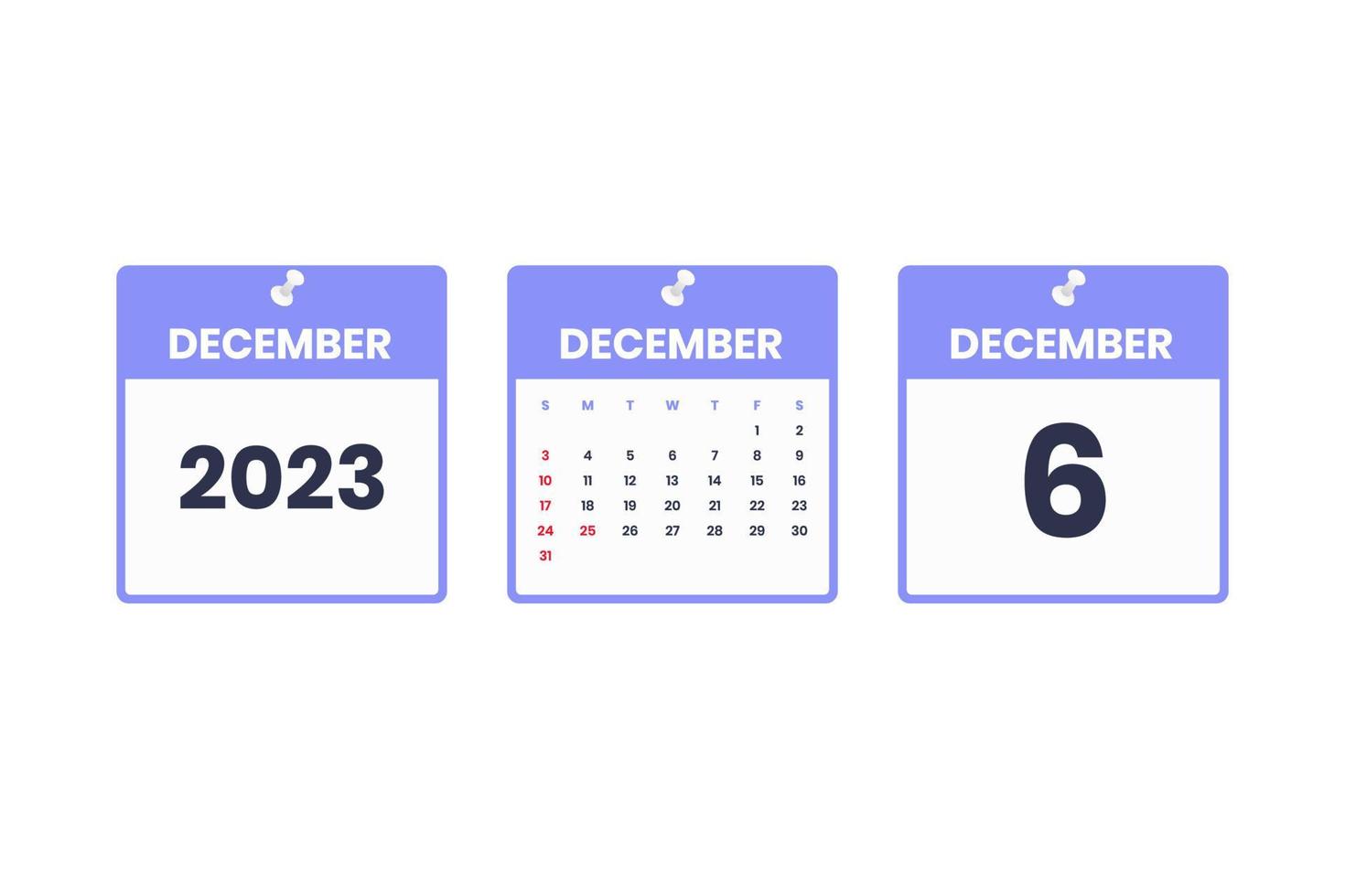 December calendar design. December 6 2023 calendar icon for schedule, appointment, important date concept vector