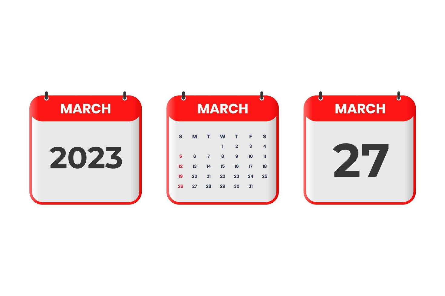 diseño de calendario de marzo de 2023. 27 de marzo de 2023 icono de calendario para horario, cita, concepto de fecha importante vector