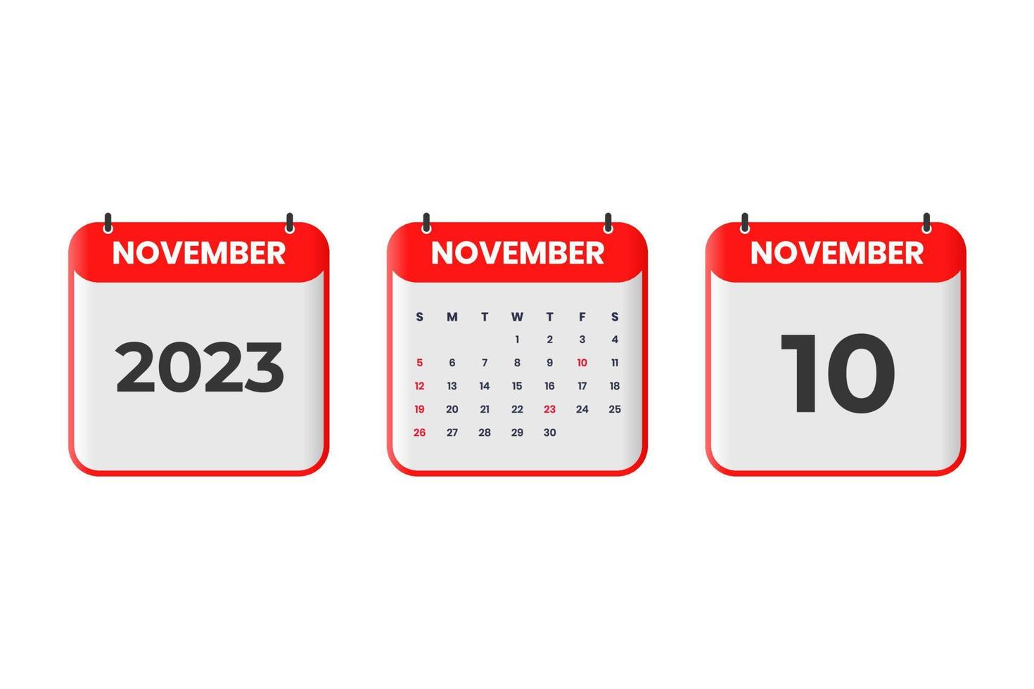 November 2023 calendar design. 10th November 2023 calendar icon for schedule, appointment, important date concept vector