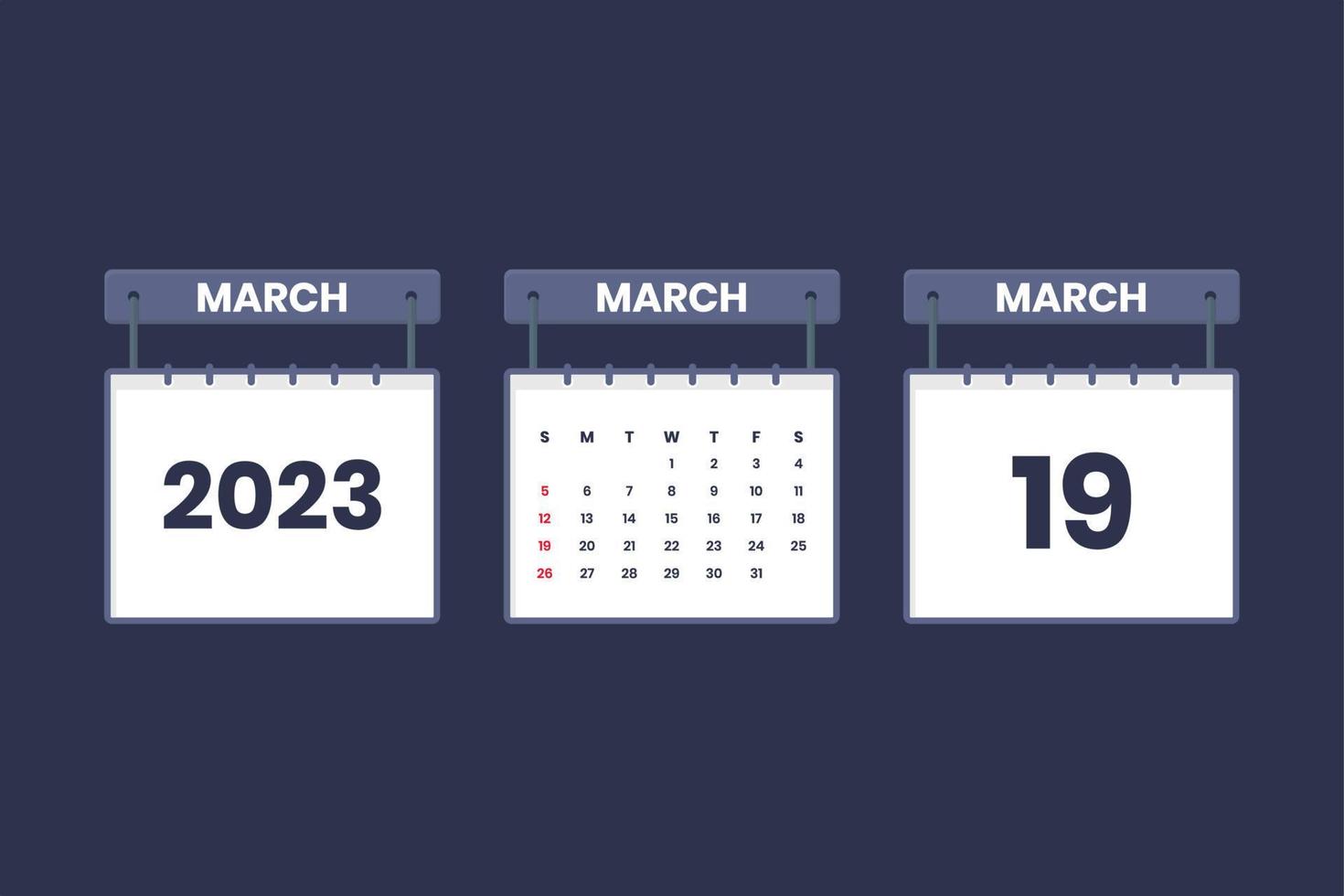 19 March 2023 calendar icon for schedule, appointment, important date concept vector