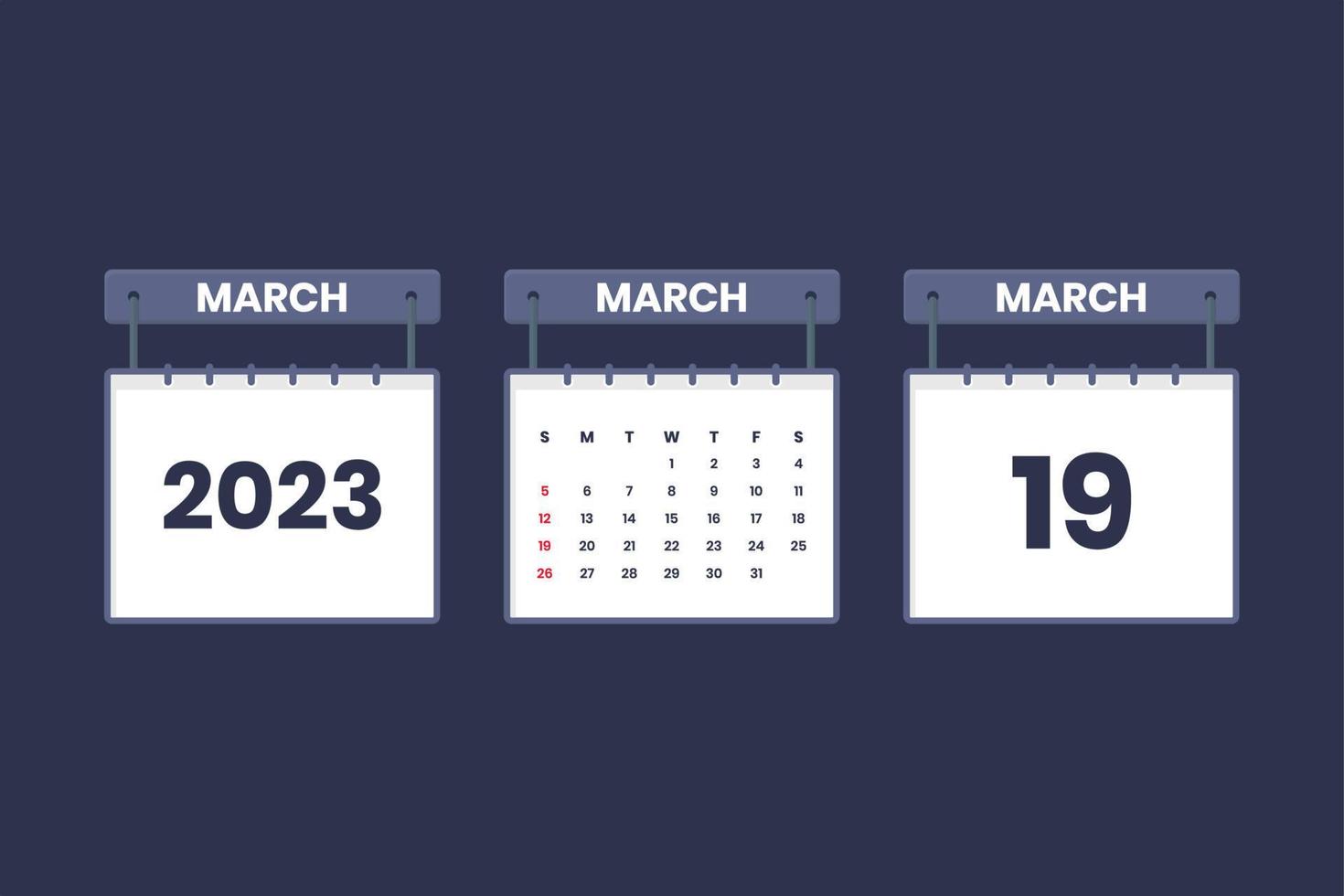 19 de marzo de 2023 icono de calendario para horario, cita, concepto de fecha importante vector