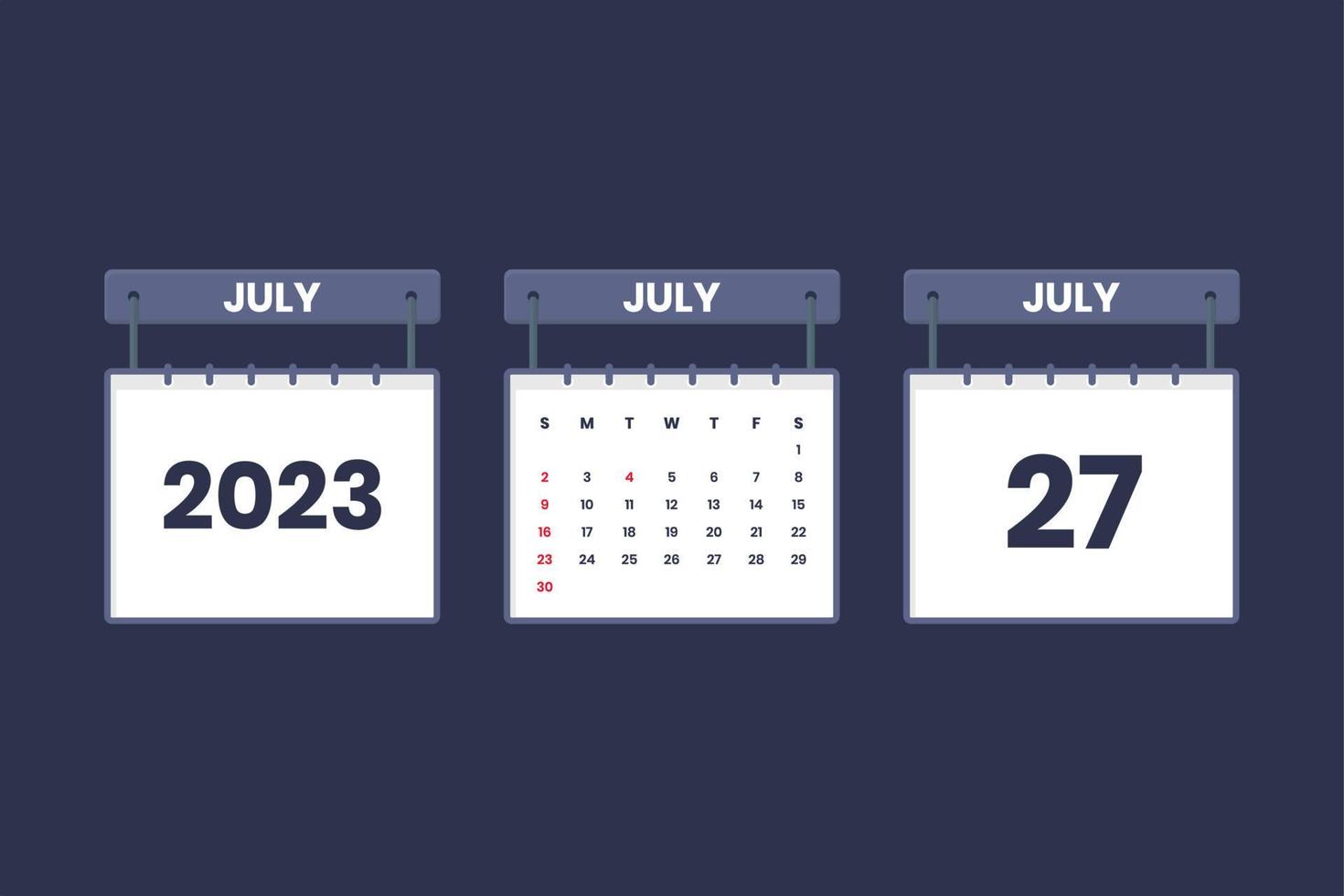 27 de julio de 2023 icono de calendario para horario, cita, concepto de fecha importante vector