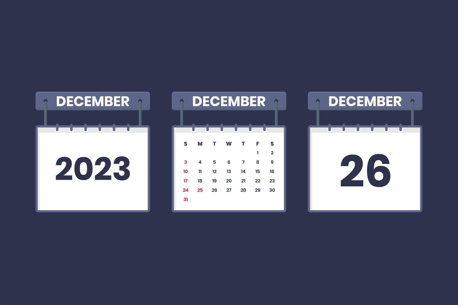 26 December 2023 calendar icon for schedule, appointment, important date concept vector