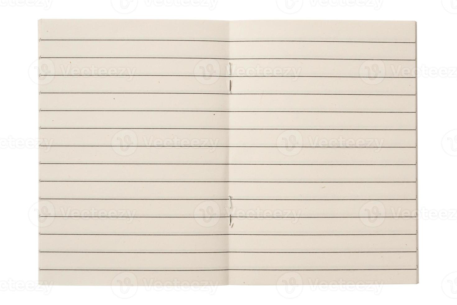 Open blank lined notebook paper texture isolated on white background photo