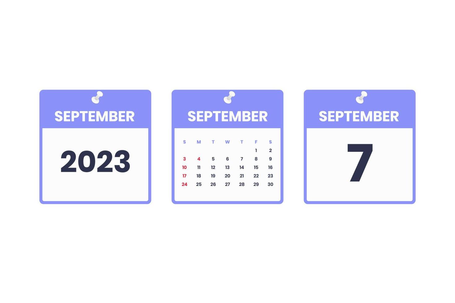 diseño de calendario de septiembre. 7 de septiembre de 2023 icono de calendario para horario, cita, concepto de fecha importante vector