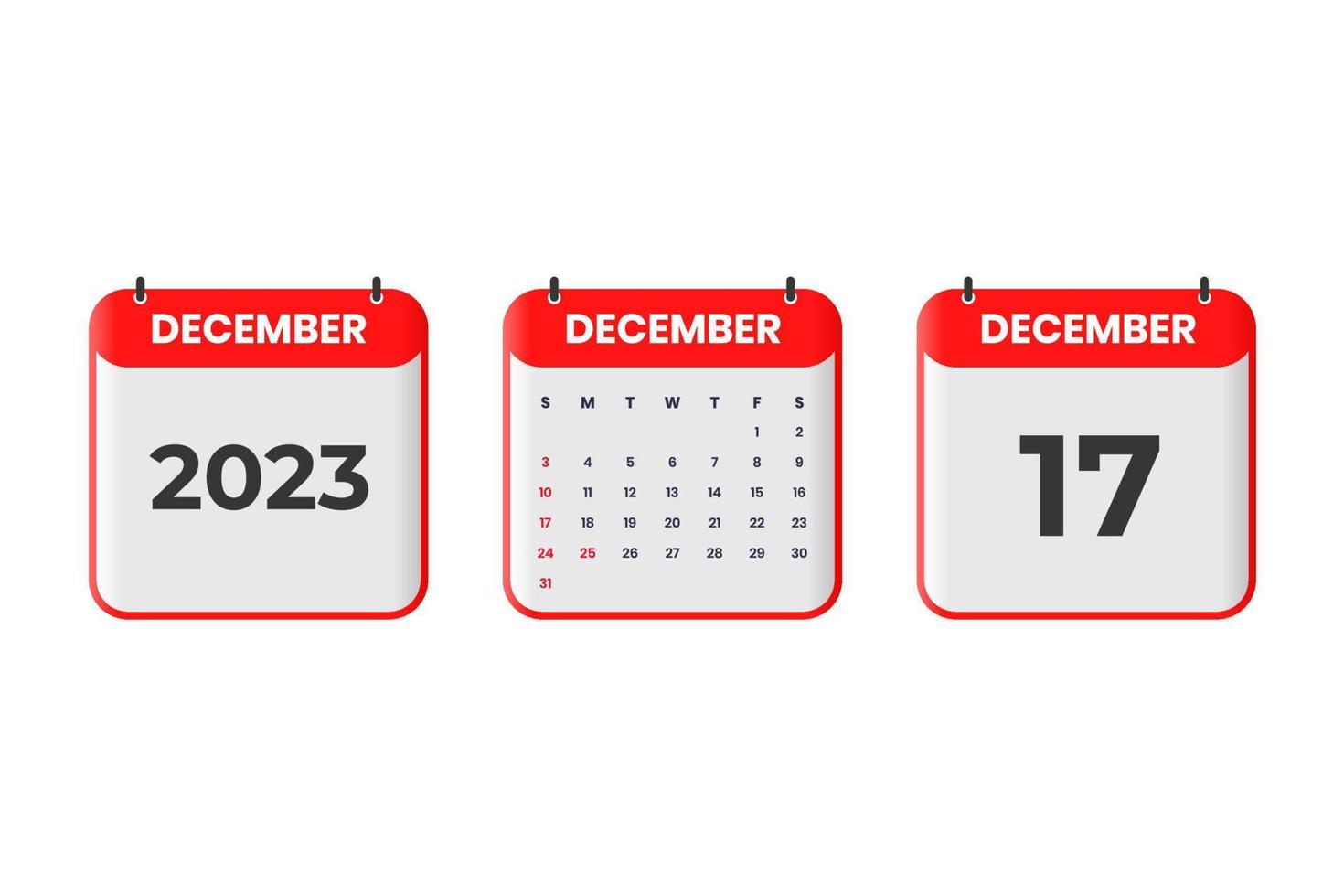 diseño de calendario de diciembre de 2023. 17 de diciembre de 2023 icono de calendario para horario, cita, concepto de fecha importante vector