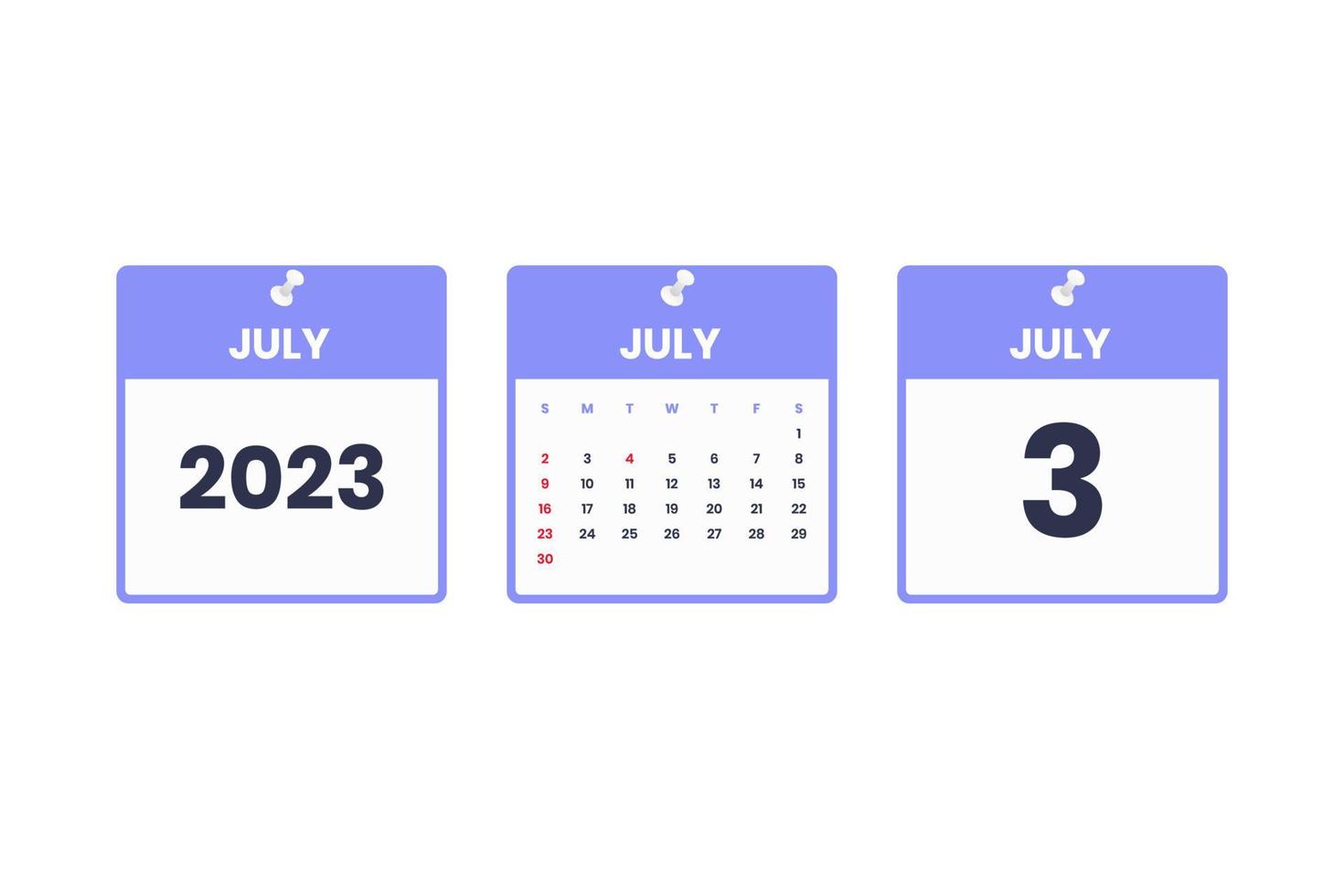 July calendar design. July 3 2023 calendar icon for schedule