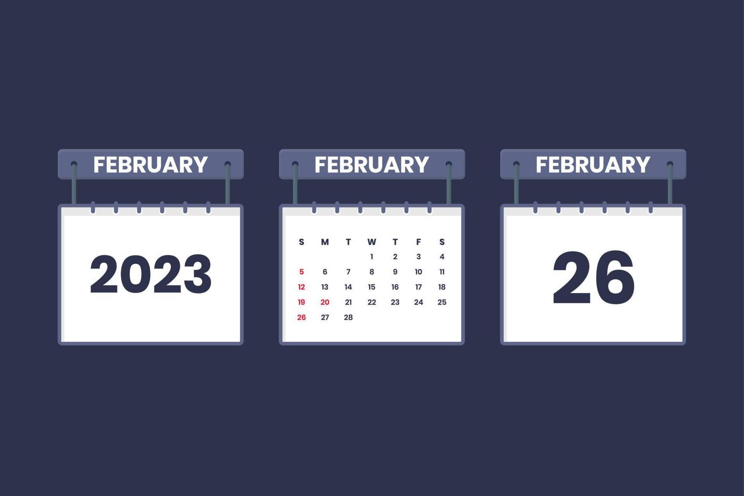 26 de febrero de 2023 icono de calendario para horario, cita, concepto de fecha importante vector