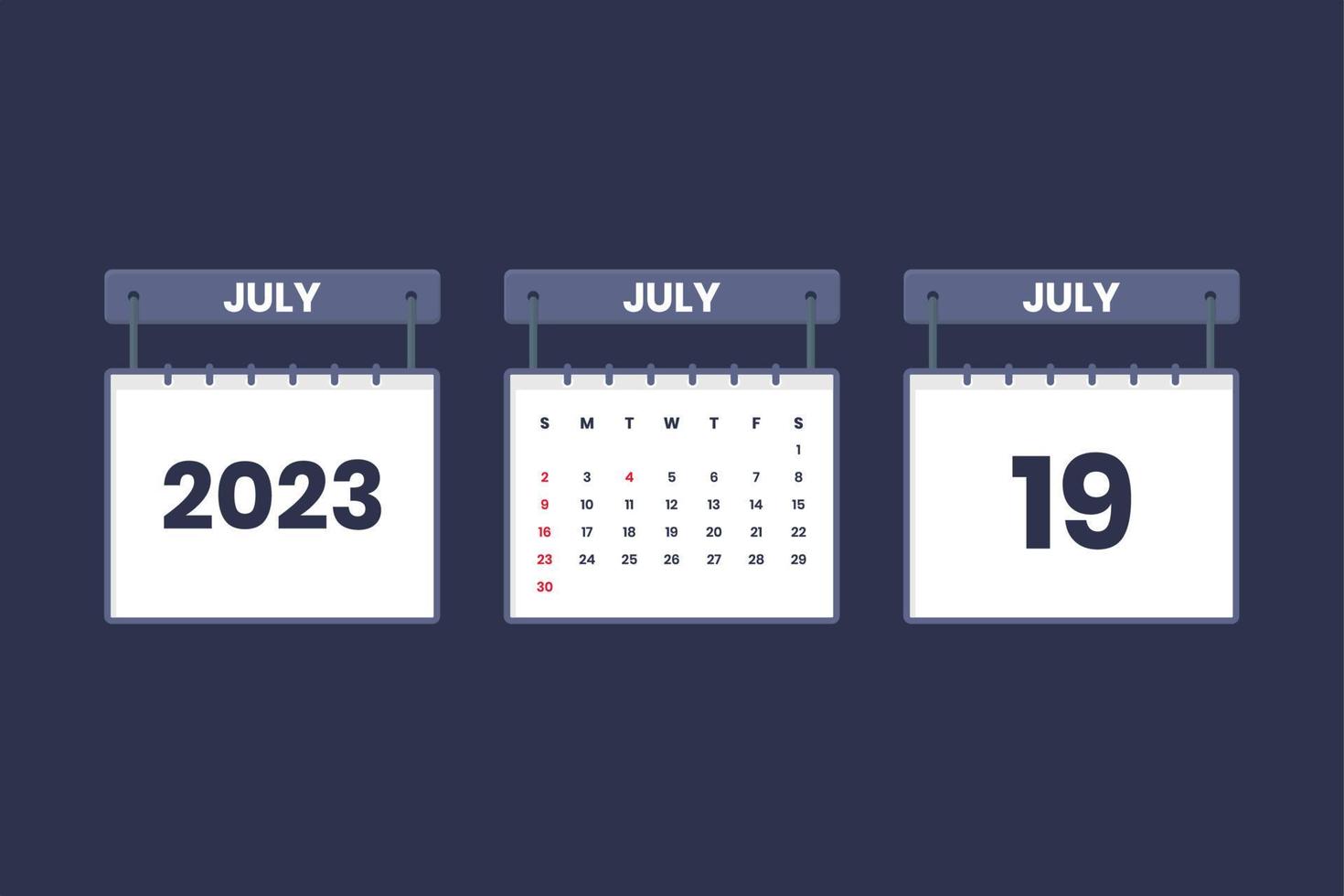 19 de julio de 2023 icono de calendario para horario, cita, concepto de fecha importante vector