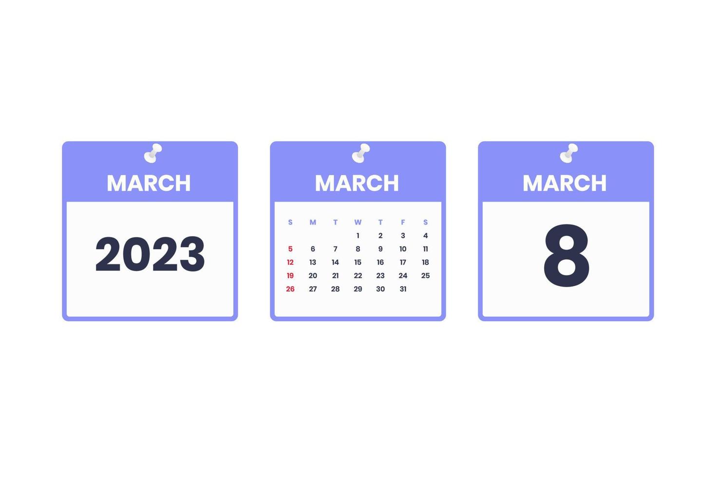 March calendar design. March 8 2023 calendar icon for schedule, appointment, important date concept vector