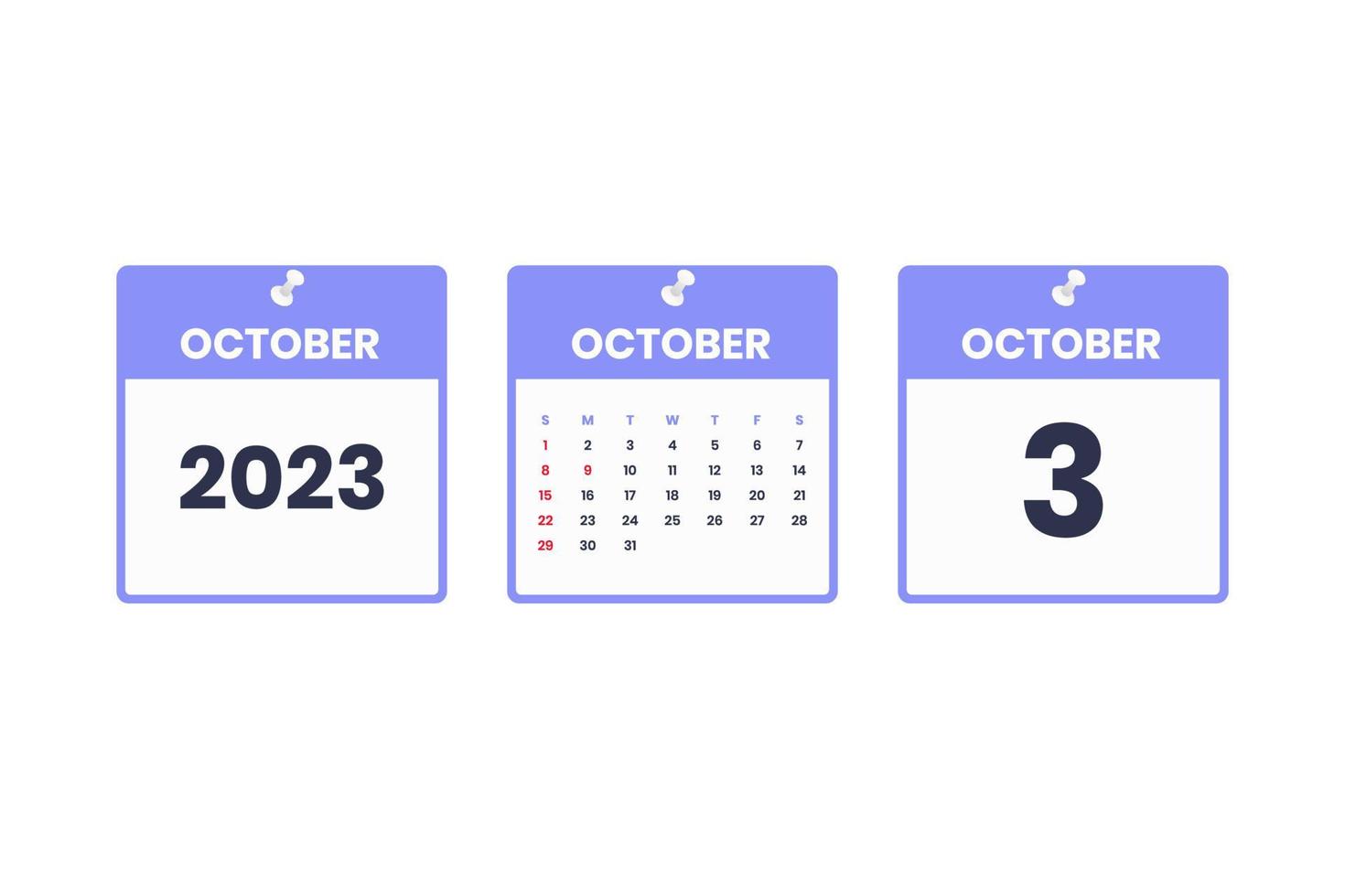 October calendar design. October 3 2023 calendar icon for schedule, appointment, important date concept vector