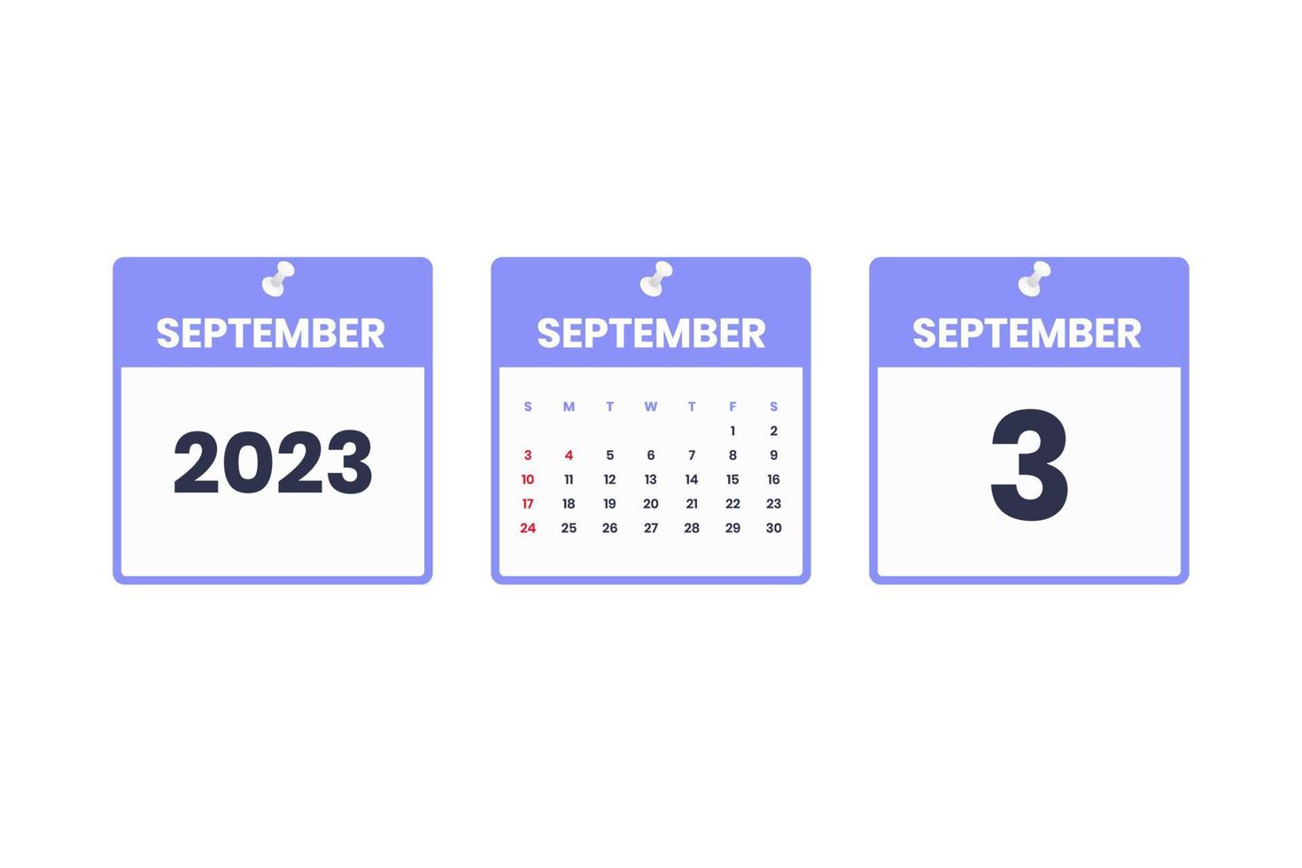 September calendar design. September 3 2023 calendar icon for schedule, appointment, important date concept vector