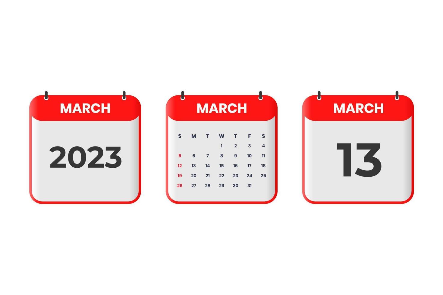 March 2023 calendar design. 13th March 2023 calendar icon for schedule, appointment, important date concept vector