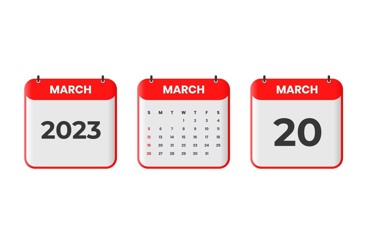 March 2023 calendar design. 20th March 2023 calendar icon for schedule, appointment, important date concept vector