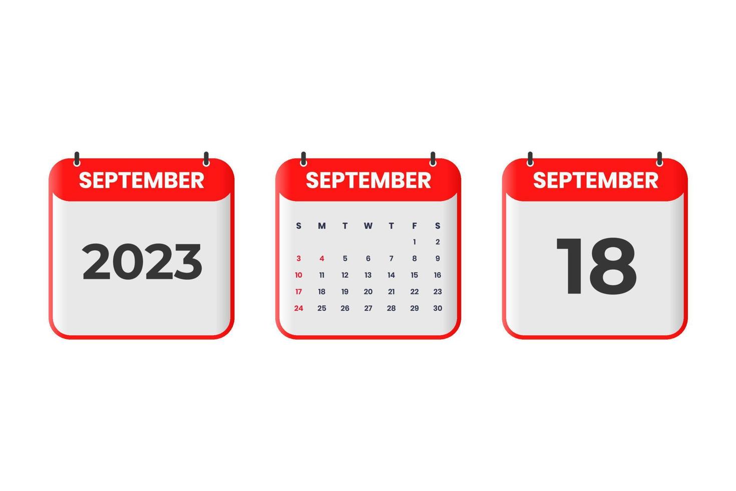 September 2023 calendar design. 18th September 2023 calendar icon for schedule, appointment, important date concept vector