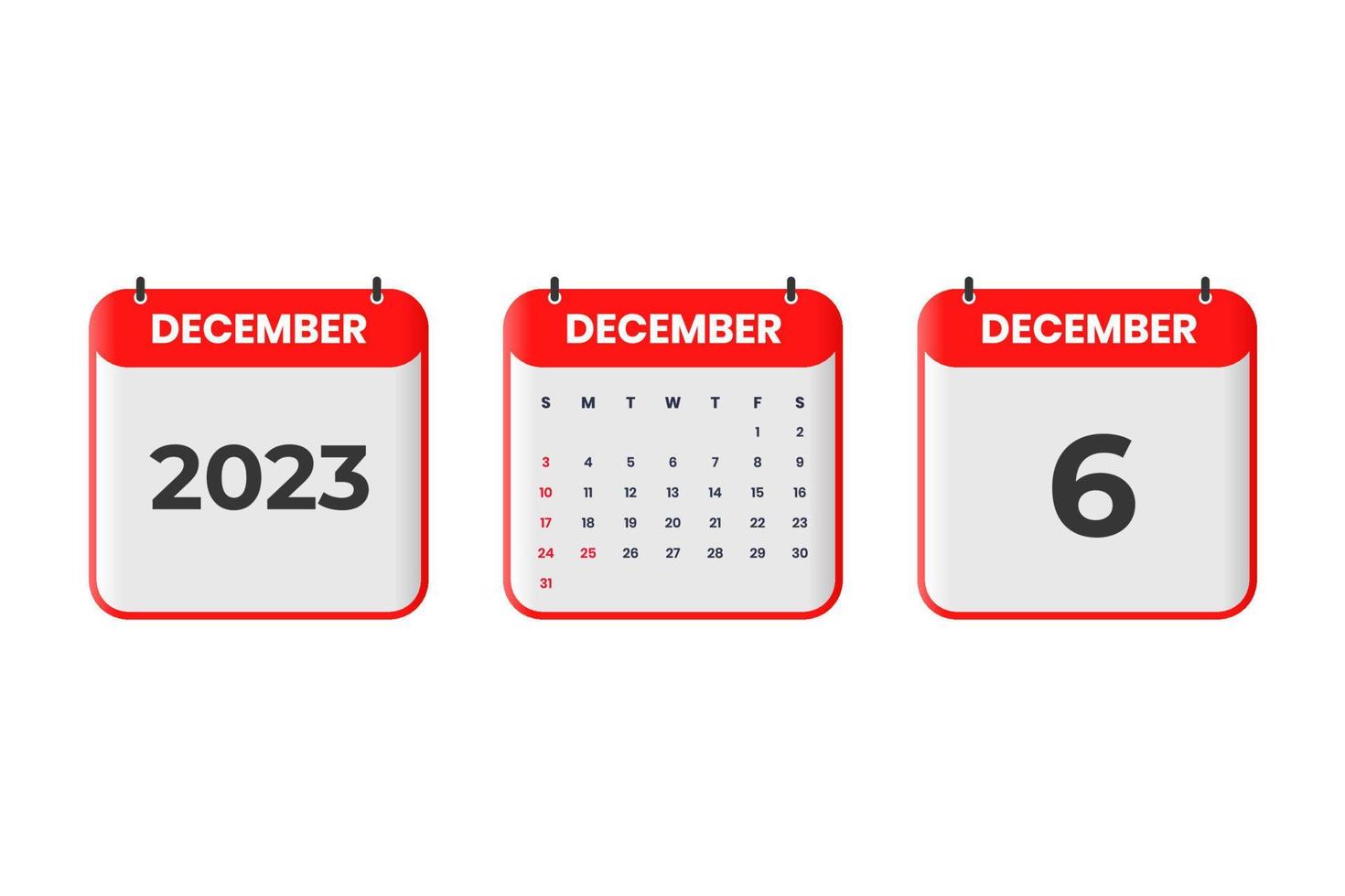 December 2023 calendar design. 6th December 2023 calendar icon for schedule, appointment, important date concept vector