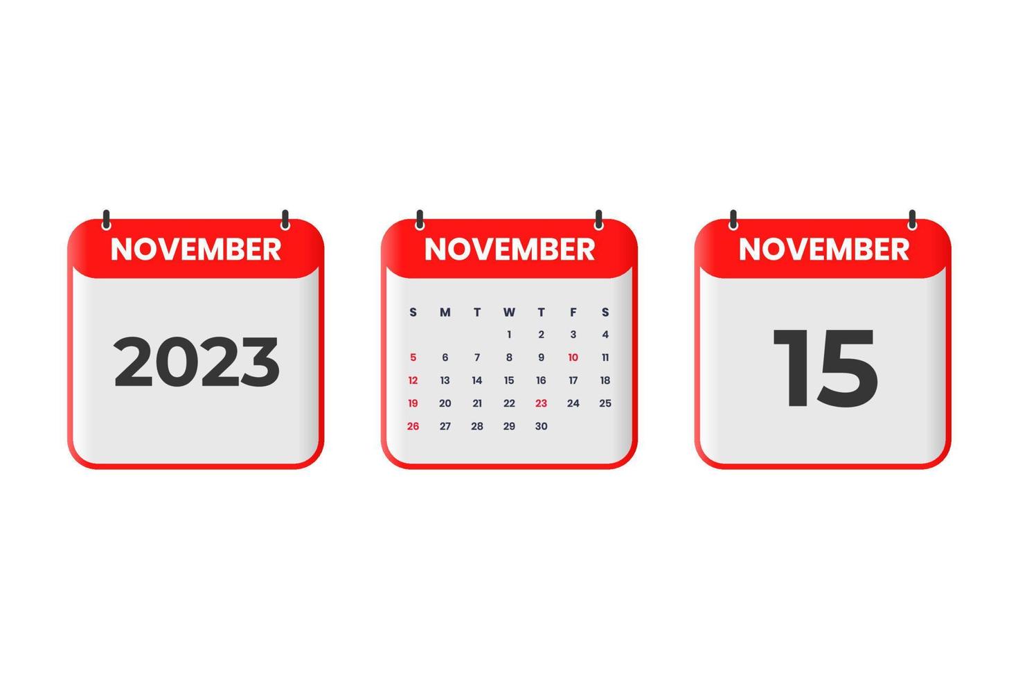 November 2023 calendar design. 15th November 2023 calendar icon for schedule, appointment, important date concept vector