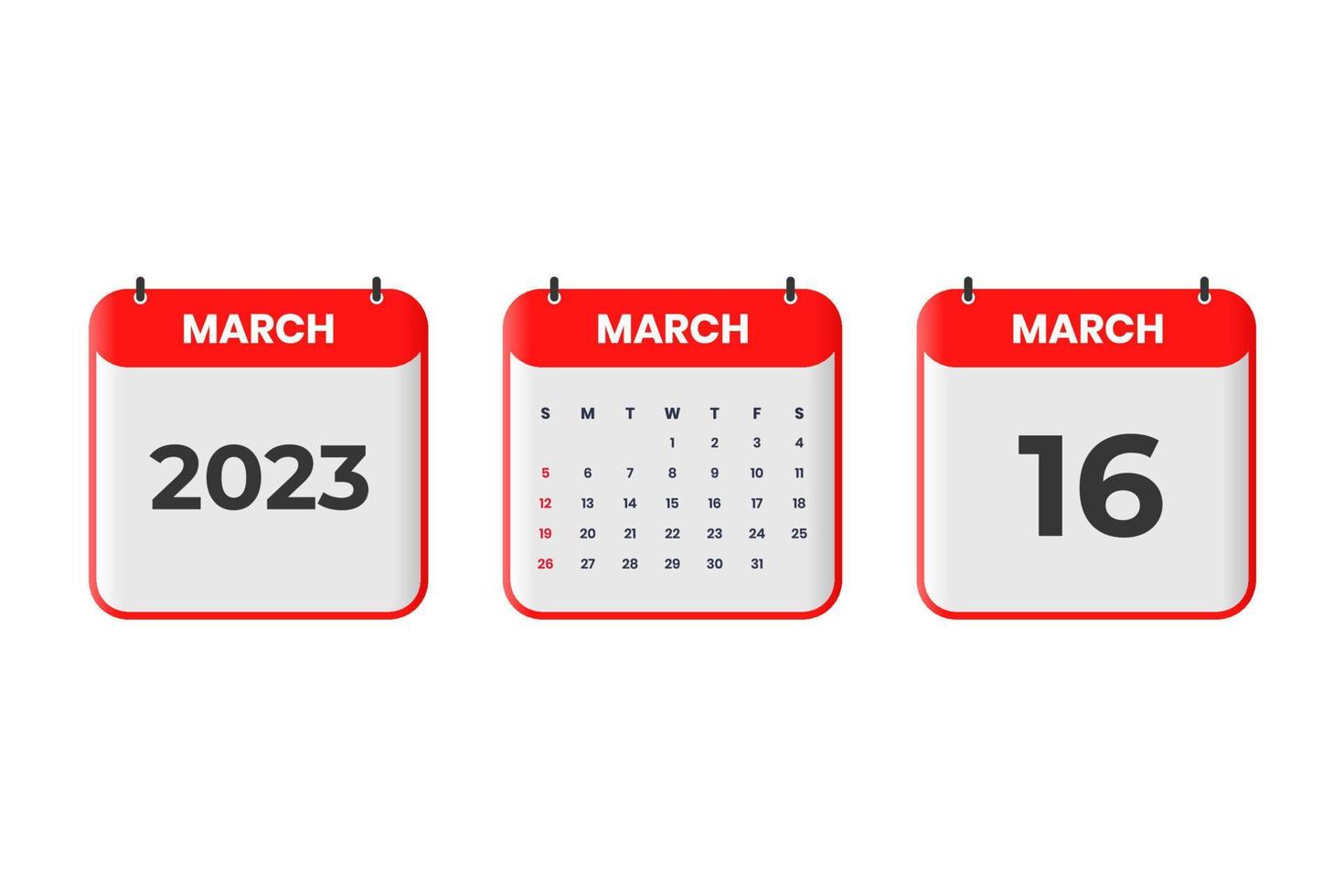 March 2023 calendar design. 16th March 2023 calendar icon for schedule, appointment, important date concept vector